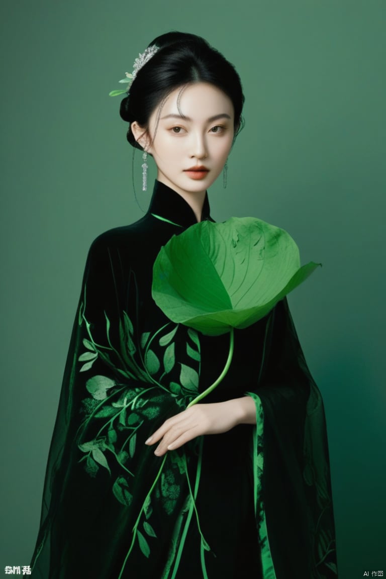 a woman in a black dress holding a green leaf, jingna zhang, maggie cheung, by Zhang Shuqi, eiko ishioka, dress made of green leaves, art nouveau fashion photography, by Lin Tinggui, pengzhen zhang, by Zou Yigui, inspired by Lin Tinggui, dress of leaves, donglu yu, cover photo portrait of du juan