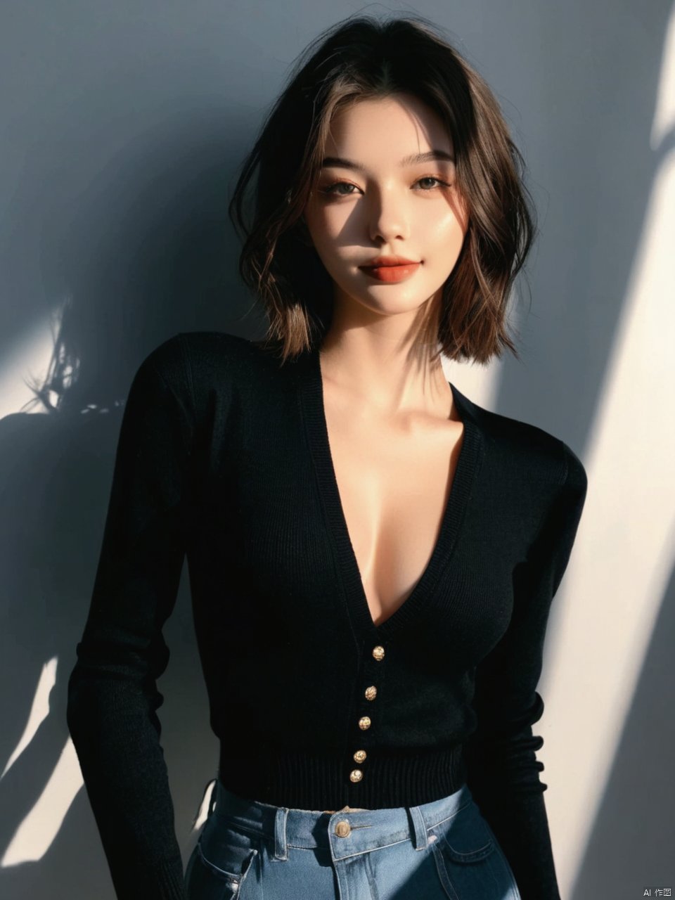 breathtaking instagram photo, photo of 23 y.o Chloe in black sweater, cleavage, pale skin, (smile:0.4), hard shadows . award-winning, professional, highly detailed