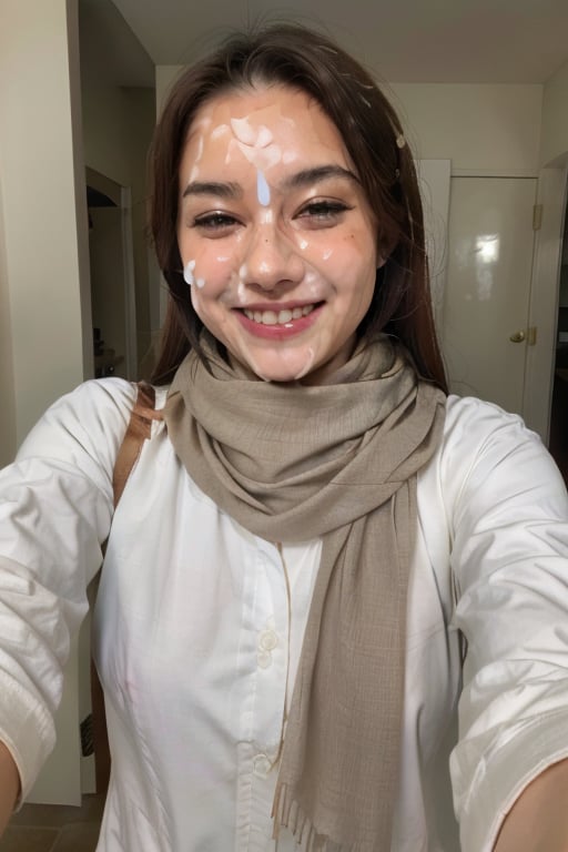 1girl,happy,cum on face,scarf