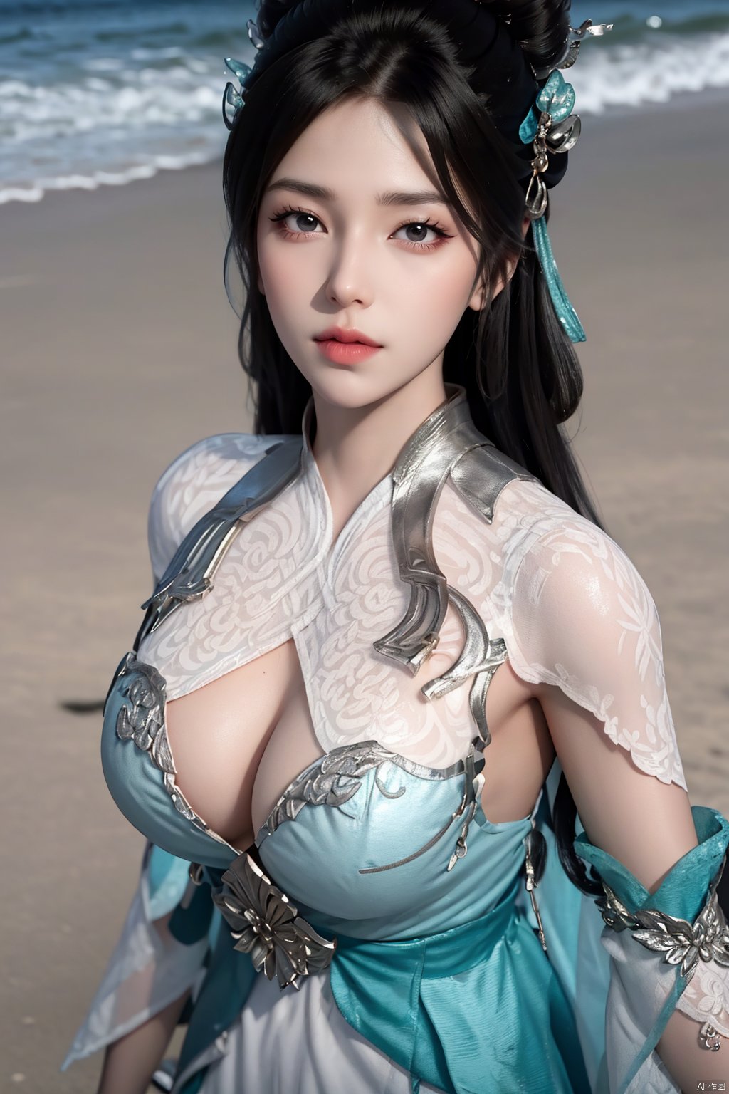 masterpiece,(best quality),(3d)official art, extremely detailed cg 8k wallpaper,((crystalstexture skin)), (extremely delicate and beautiful),highly detailed,((hair_ornament)),(face,eyes),1girl,solo,long hair,headwear,(standing),(hair),(closed mouth),(looking at the audience:1.3),(Facing the camera:1.3),hand,gloves,makeup,,(dress,chinese_clothes,),(long sleeves)((Summer, beach, sunbathing, seaside)),detached_sleeves,((looking_at_viewer)), (cleavage,big breasts), (upper body), ,Xyuzimo, hanfu,Xchengling,Xyunxi, Yunxiao_Fairy