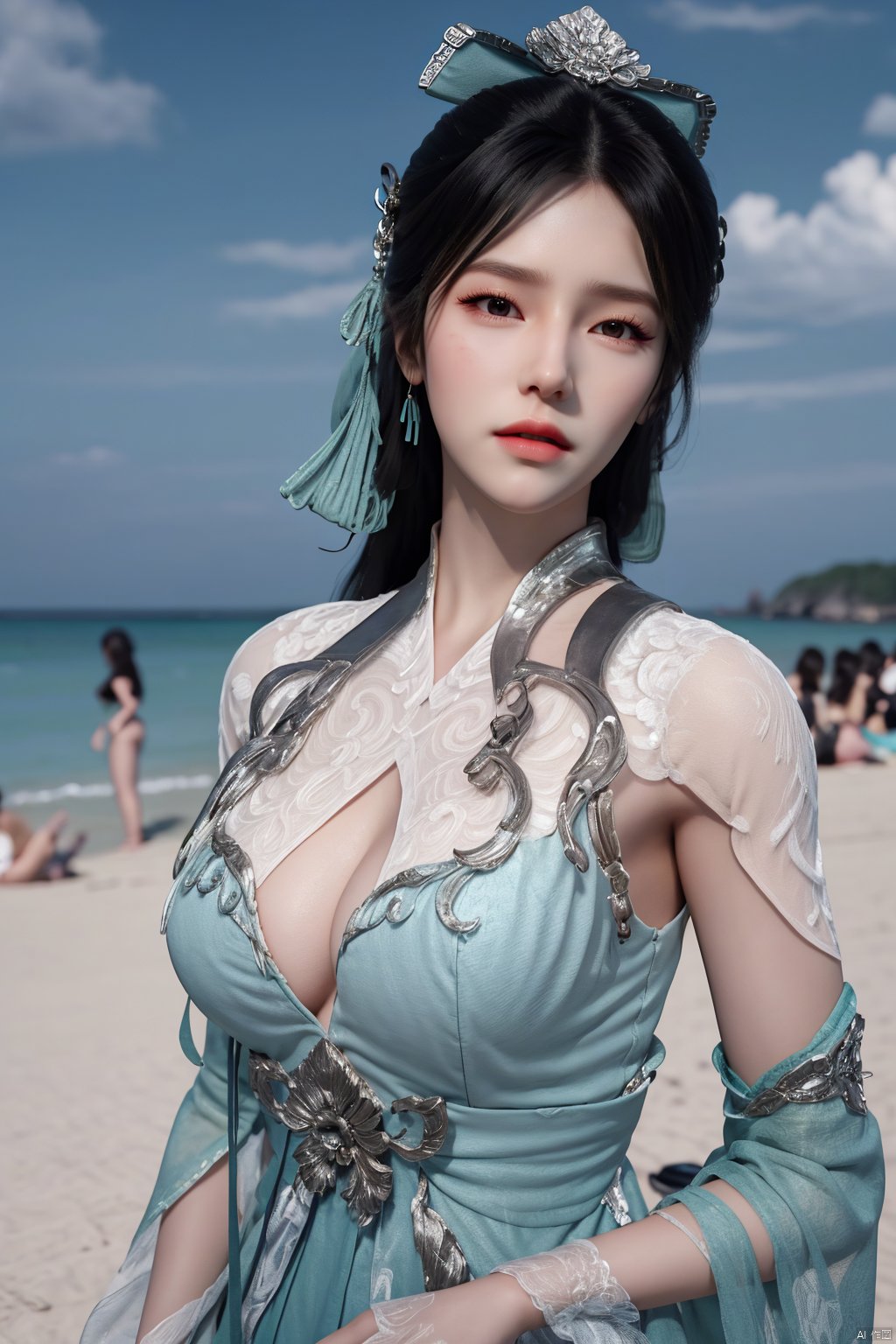 masterpiece,(best quality),(3d)official art, extremely detailed cg 8k wallpaper,((crystalstexture skin)), (extremely delicate and beautiful),highly detailed,((hair_ornament)),(face,eyes),1girl,solo,long hair,headwear,(standing),(hair),(closed mouth),(looking at the audience:1.3),(Facing the camera:1.3),hand,gloves,makeup,,(dress,chinese_clothes,),(long sleeves)((Summer, beach, sunbathing, seaside)),detached_sleeves,((looking_at_viewer)), (cleavage,big breasts), (upper body), ,Xyuzimo, hanfu,Xchengling,Xyunxi, Yunxiao_Fairy