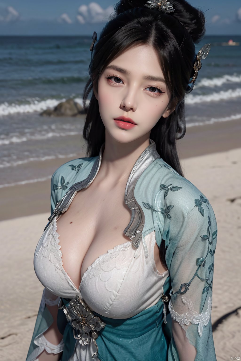 masterpiece,(best quality),(3d)official art, extremely detailed cg 8k wallpaper,((crystalstexture skin)), (extremely delicate and beautiful),highly detailed,((hair_ornament)),(face,eyes),1girl,solo,long hair,headwear,(standing),(hair),(closed mouth),(looking at the audience:1.3),(Facing the camera:1.3),hand,gloves,makeup,,(dress,chinese_clothes,),(long sleeves)((Summer, beach, sunbathing, seaside)),detached_sleeves,((looking_at_viewer)), (cleavage,big breasts), (upper body), ,Xyuzimo, hanfu,Xchengling,Xyunxi, Yunxiao_Fairy