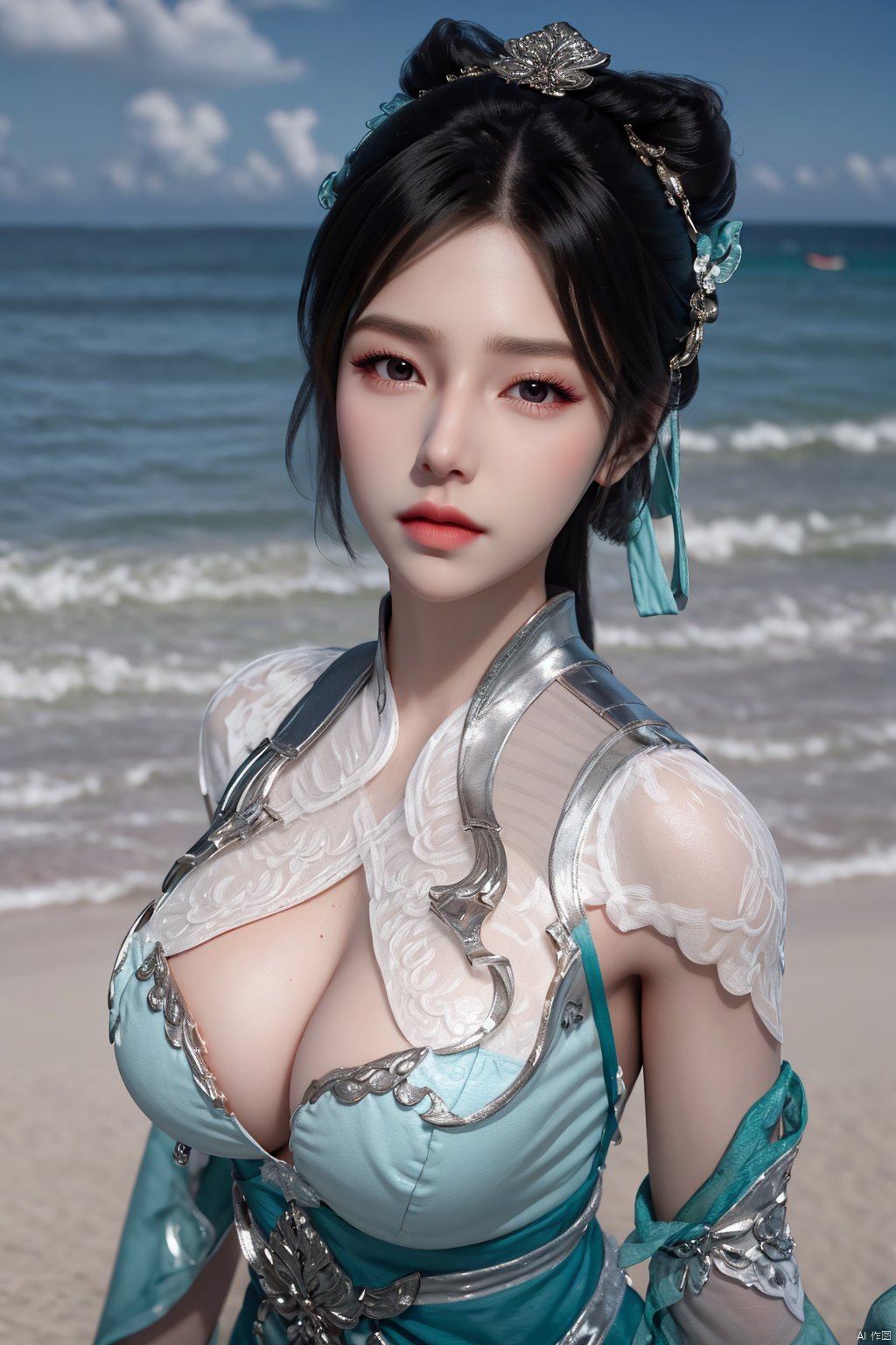 masterpiece,(best quality),(3d)official art, extremely detailed cg 8k wallpaper,((crystalstexture skin)), (extremely delicate and beautiful),highly detailed,((hair_ornament)),(face,eyes),1girl,solo,long hair,headwear,(standing),(hair),(closed mouth),(looking at the audience:1.3),(Facing the camera:1.3),hand,gloves,makeup,,(dress,chinese_clothes,),(long sleeves)((Summer, beach, sunbathing, seaside)),detached_sleeves,((looking_at_viewer)), (cleavage,big breasts), (upper body), ,Xyuzimo, hanfu,Xchengling,Xyunxi, Yunxiao_Fairy