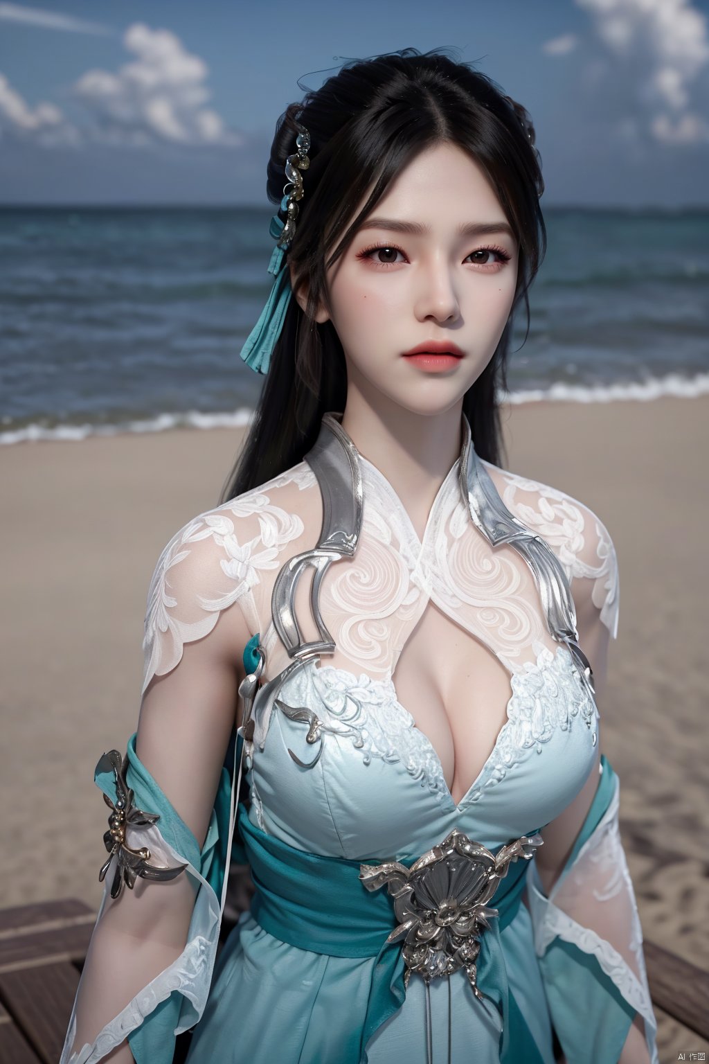 masterpiece,(best quality),(3d)official art, extremely detailed cg 8k wallpaper,((crystalstexture skin)), (extremely delicate and beautiful),highly detailed,((hair_ornament)),(face,eyes),1girl,solo,long hair,headwear,(standing),(hair),(closed mouth),(looking at the audience:1.3),(Facing the camera:1.3),hand,gloves,makeup,,(dress,chinese_clothes,),(long sleeves)((Summer, beach, sunbathing, seaside)),detached_sleeves,((looking_at_viewer)), (cleavage,big breasts), (upper body), ,Xyuzimo, hanfu,Xchengling,Xyunxi, Yunxiao_Fairy