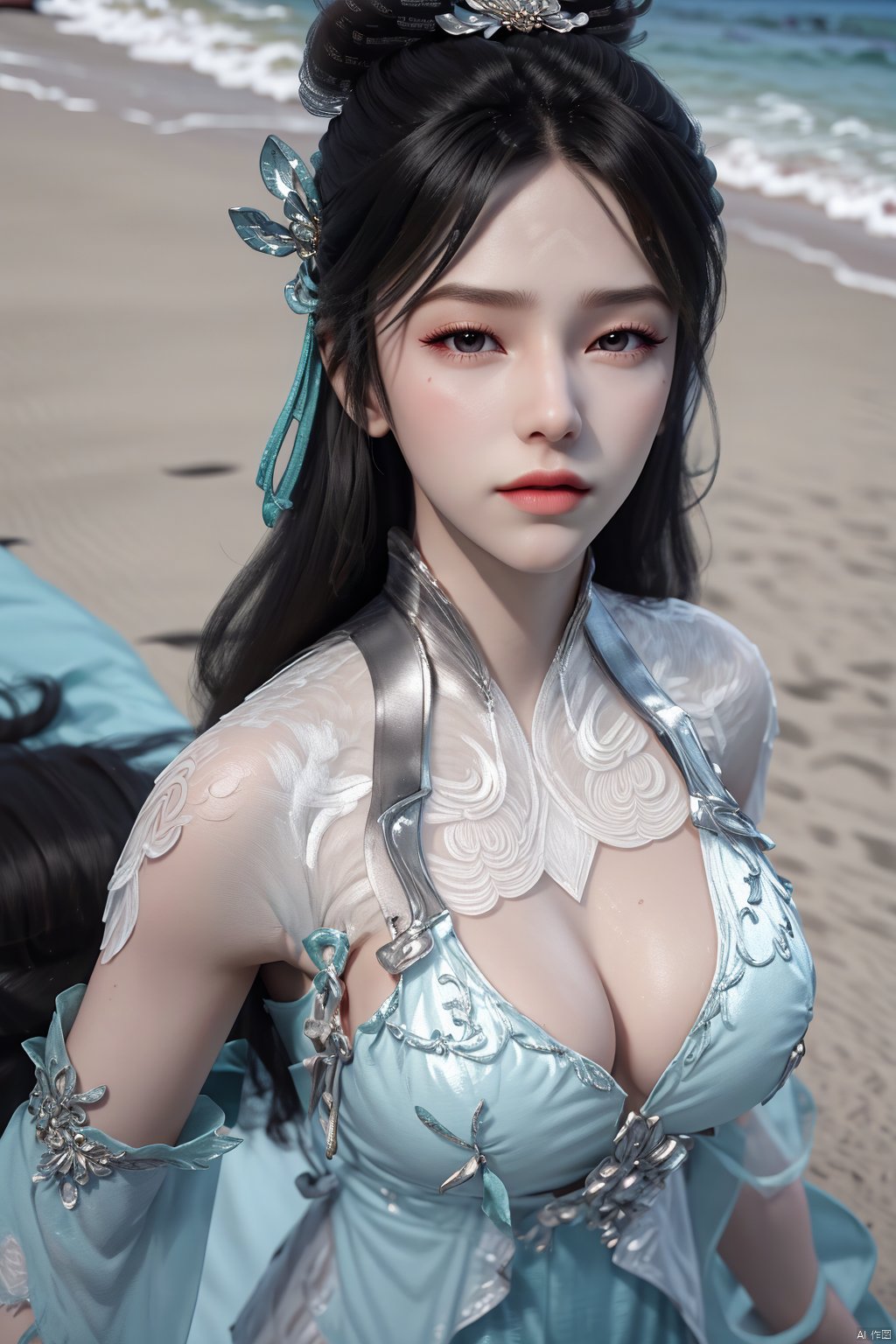 masterpiece,(best quality),(3d)official art, extremely detailed cg 8k wallpaper,((crystalstexture skin)), (extremely delicate and beautiful),highly detailed,((hair_ornament)),(face,eyes),1girl,solo,long hair,headwear,(standing),(hair),(closed mouth),(looking at the audience:1.3),(Facing the camera:1.3),hand,gloves,makeup,,(dress,chinese_clothes,),(long sleeves)((Summer, beach, sunbathing, seaside)),detached_sleeves,((looking_at_viewer)), (cleavage,big breasts), (upper body), ,Xyuzimo, hanfu,Xchengling,Xyunxi, Yunxiao_Fairy