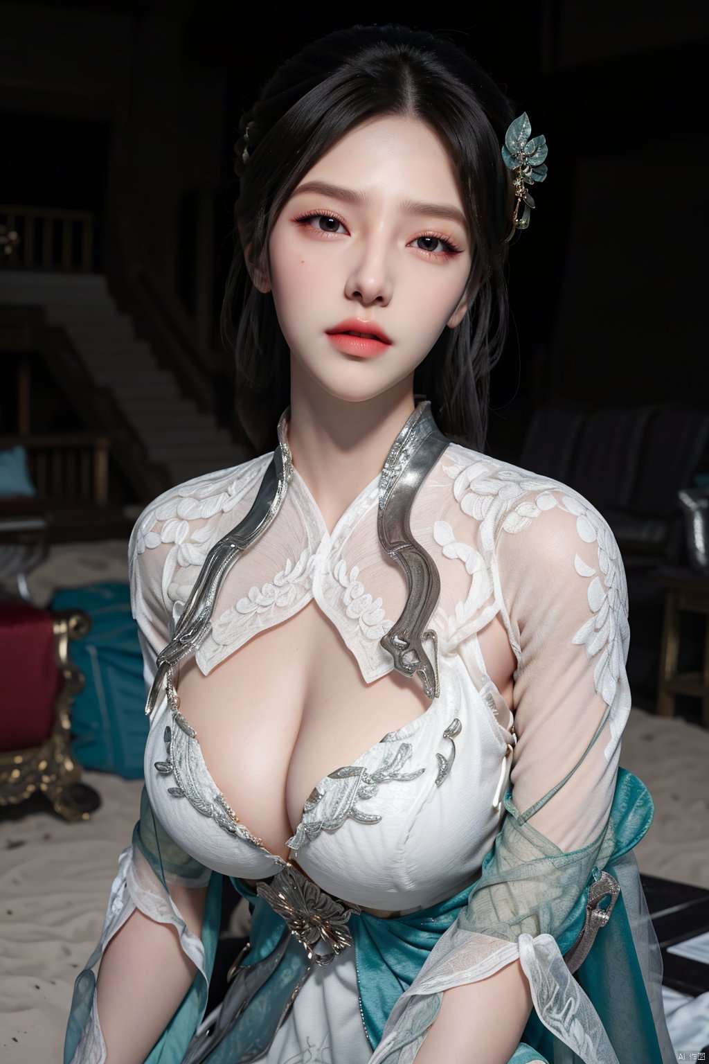 masterpiece,(best quality),(3d)official art, extremely detailed cg 8k wallpaper,((crystalstexture skin)), (extremely delicate and beautiful),highly detailed,((hair_ornament)),(face,eyes),1girl,solo,long hair,headwear,(standing),(hair),(closed mouth),(looking at the audience:1.3),(Facing the camera:1.3),hand,gloves,makeup,,(dress,chinese_clothes,),(long sleeves)((Summer, beach, sunbathing, seaside)),detached_sleeves,((looking_at_viewer)), (cleavage,big breasts), (upper body), ,Xyuzimo, hanfu,Xchengling,Xyunxi, Yunxiao_Fairy