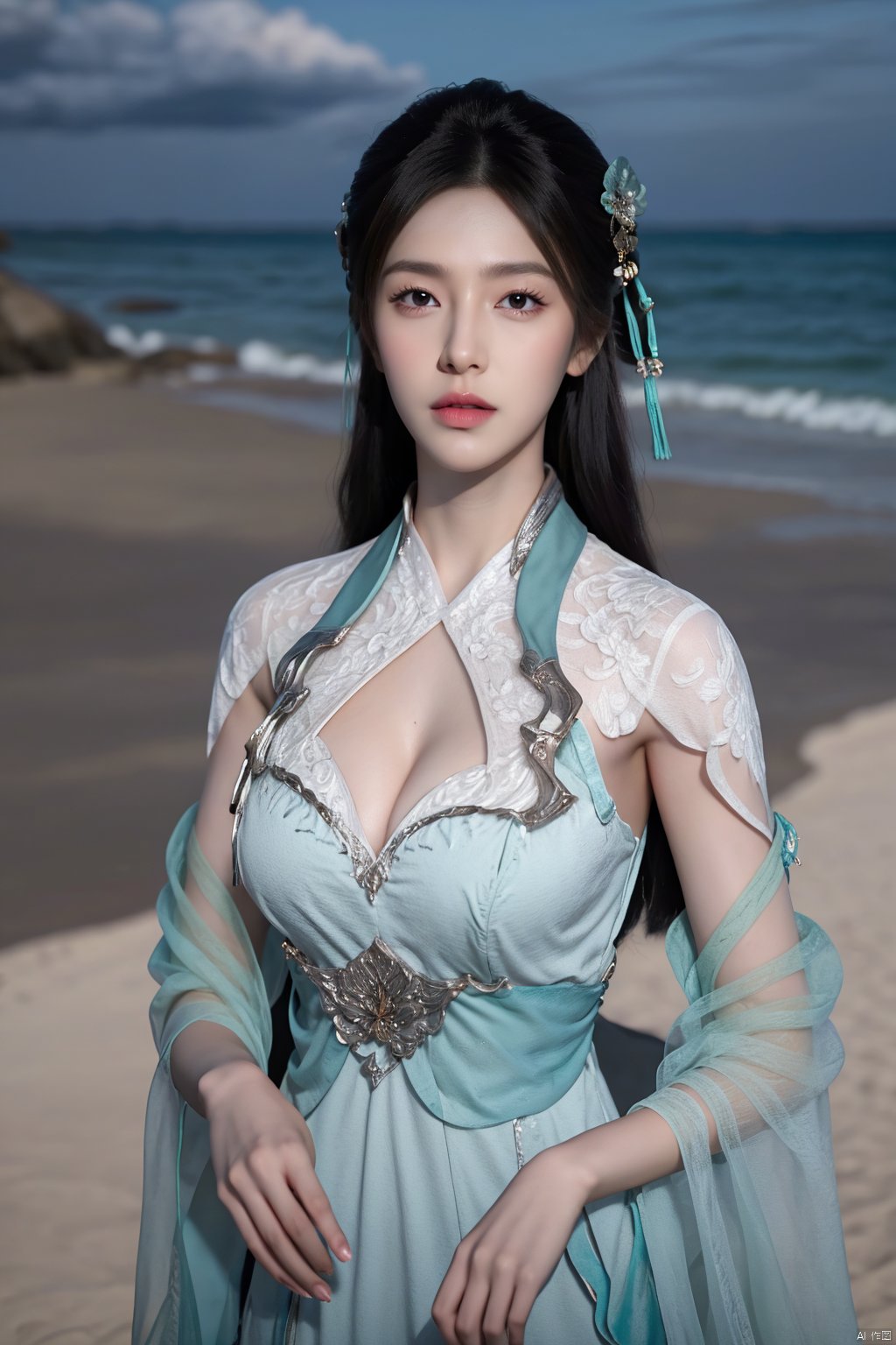 masterpiece,(best quality),(3d)official art, extremely detailed cg 8k wallpaper,((crystalstexture skin)), (extremely delicate and beautiful),highly detailed,((hair_ornament)),(face,eyes),1girl,solo,long hair,headwear,(standing),(hair),(closed mouth),(looking at the audience:1.3),(Facing the camera:1.3),hand,gloves,makeup,,(dress,chinese_clothes,),(long sleeves)((Summer, beach, sunbathing, seaside)),detached_sleeves,((looking_at_viewer)), (cleavage,big breasts), (upper body), ,Xyuzimo, hanfu,Xchengling,Xyunxi, Yunxiao_Fairy