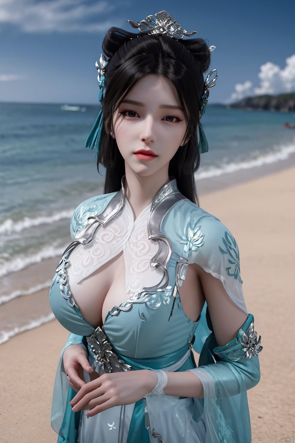 masterpiece,(best quality),(3d)official art, extremely detailed cg 8k wallpaper,((crystalstexture skin)), (extremely delicate and beautiful),highly detailed,((hair_ornament)),(face,eyes),1girl,solo,long hair,headwear,(standing),(hair),(closed mouth),(looking at the audience:1.3),(Facing the camera:1.3),hand,gloves,makeup,,(dress,chinese_clothes,),(long sleeves)((Summer, beach, sunbathing, seaside)),detached_sleeves,((looking_at_viewer)), (cleavage,big breasts), (upper body), ,Xyuzimo, hanfu,Xchengling,Xyunxi, Yunxiao_Fairy