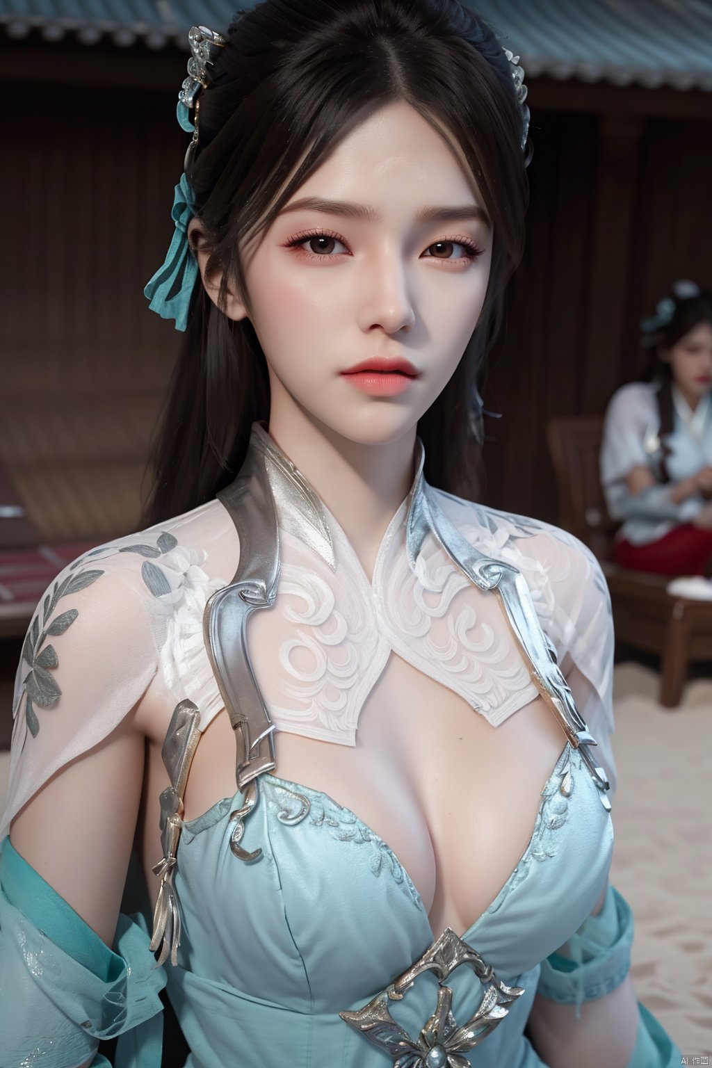 masterpiece,(best quality),(3d)official art, extremely detailed cg 8k wallpaper,((crystalstexture skin)), (extremely delicate and beautiful),highly detailed,((hair_ornament)),(face,eyes),1girl,solo,long hair,headwear,(standing),(hair),(closed mouth),(looking at the audience:1.3),(Facing the camera:1.3),hand,gloves,makeup,,(dress,chinese_clothes,),(long sleeves)((Summer, beach, sunbathing, seaside)),detached_sleeves,((looking_at_viewer)), (cleavage,big breasts), (upper body), ,Xyuzimo, hanfu,Xchengling,Xyunxi, Yunxiao_Fairy