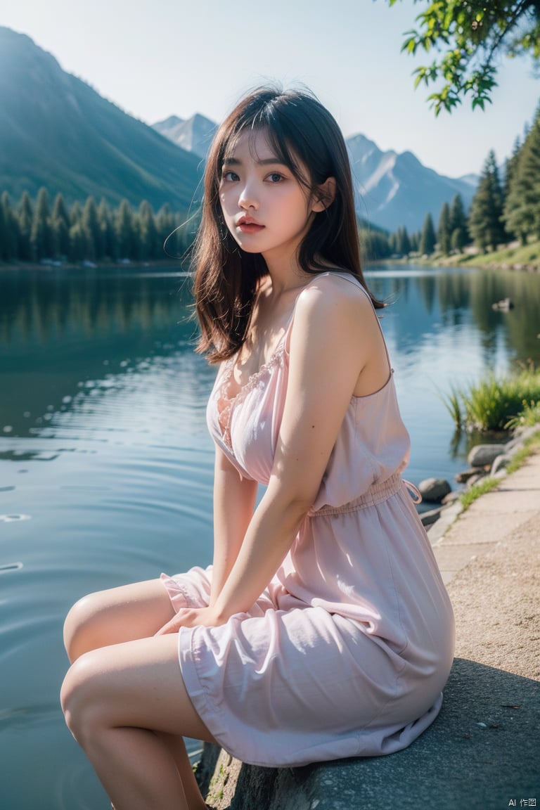 (best quality,masterpiece,8k,RAW photo:1.2),1 melancholic young girl in flowy pastel dress,sitting by mountain lake at dusk,reflections in still water,soft ethereal lighting,muted cool color palette,premium indie film quality,