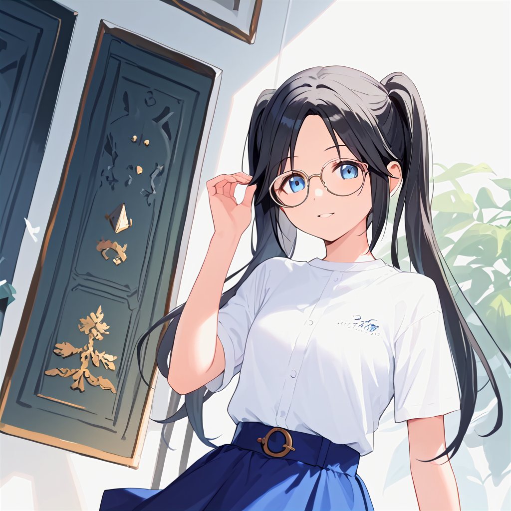 score_9,score_8_up,score_7_up,1girl, solo, 
mitsumine_yuika,black hair,glasses,blue eyes,twintails, 
white_shirt, blue_skirt, masterpiece, best quality, source_anime, score_6_up,