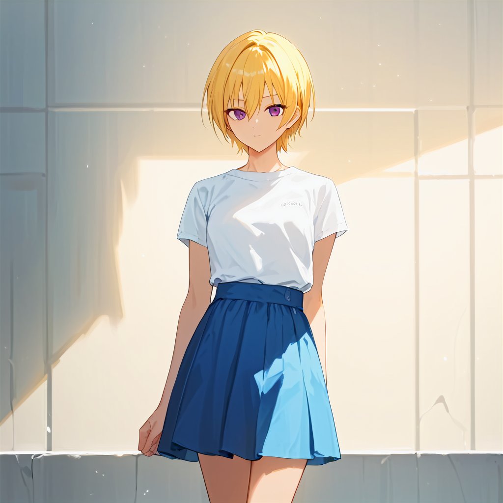 score_9,score_8_up,score_7_up,1girl, solo, 
Saijo Juri, short hair, blonde hair, purple eyes, tsurime,
white_shirt, blue_skirt, masterpiece, best quality, source_anime, score_6_up,