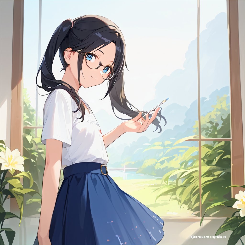 score_9,score_8_up,score_7_up,1girl, solo, 
mitsumine_yuika,black hair,glasses,blue eyes,twintails, 
white_shirt, blue_skirt, masterpiece, best quality, source_anime, score_6_up,