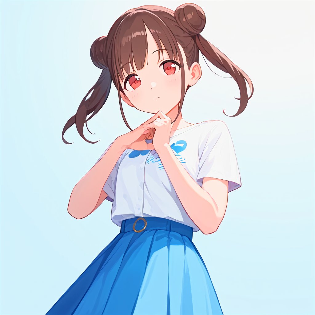 score_9,score_8_up,score_7_up,1girl, solo, 
Sonoda Chiyoko, double bun, red eyes, brown hair, short twintails, 
white_shirt, blue_skirt, masterpiece, best quality, source_anime, score_6_up,