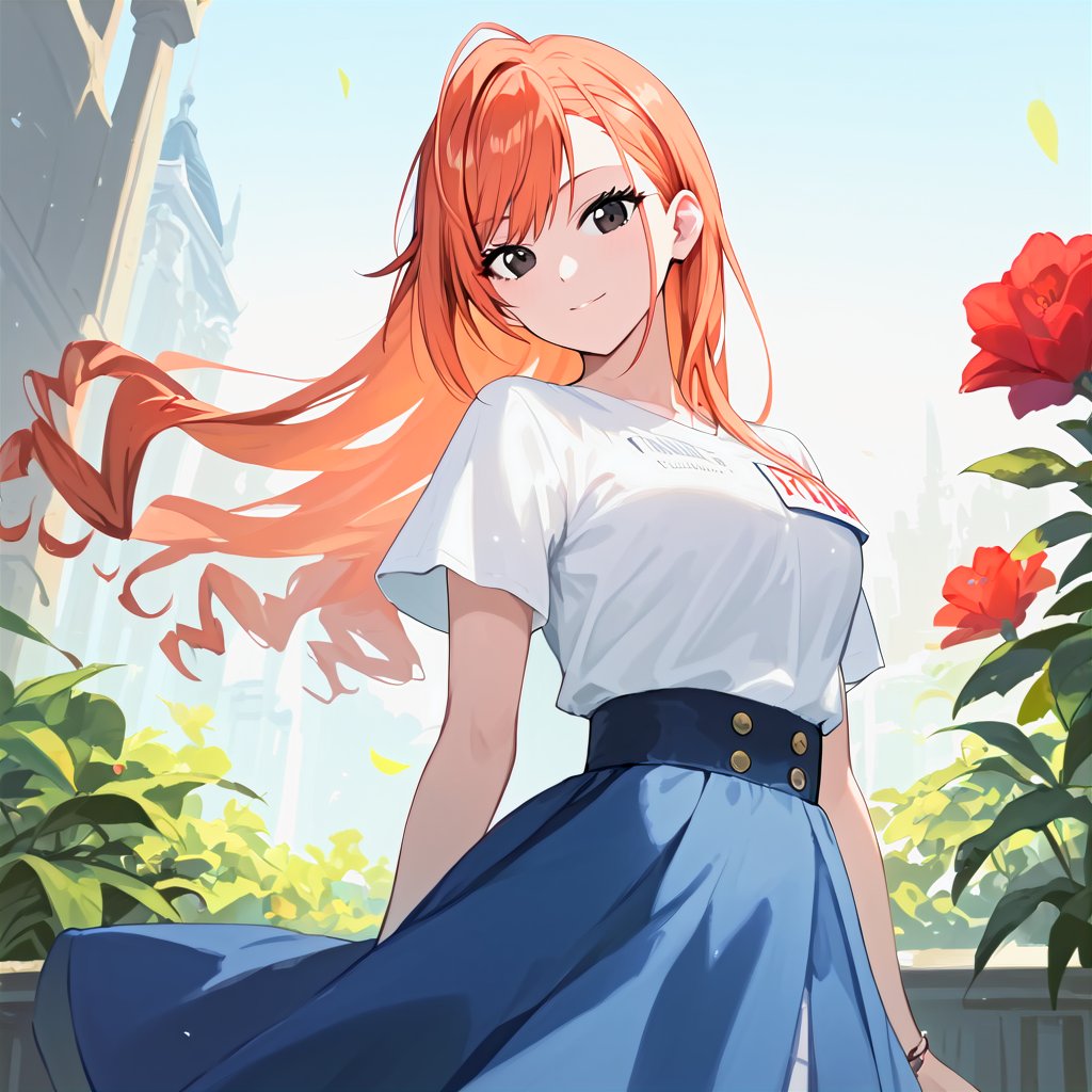 score_9,score_8_up,score_7_up,1girl, solo, 
Arisugawa Natsuha,long hair, red hair, black eyes, 
white_shirt, blue_skirt, masterpiece, best quality, source_anime, score_6_up,