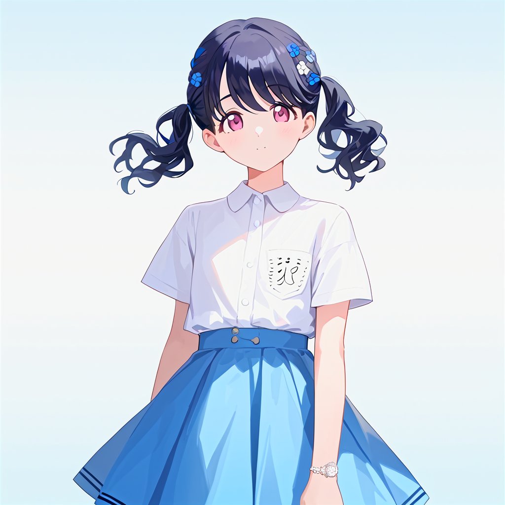 score_9,score_8_up,score_7_up,1girl, solo, 
Fukumaru Koito, black hair, twintails, purple eyes,
white_shirt, blue_skirt, masterpiece, best quality, source_anime, score_6_up,