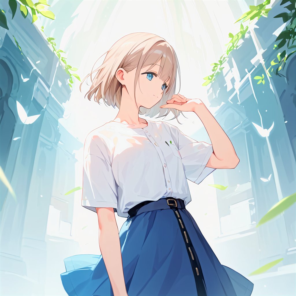 score_9,score_8_up,score_7_up,1girl, solo, 
Serizawa Asahi,short light brown or grey bob cut and blue eyes.,
white_shirt, blue_skirt, masterpiece, best quality, source_anime, score_6_up,