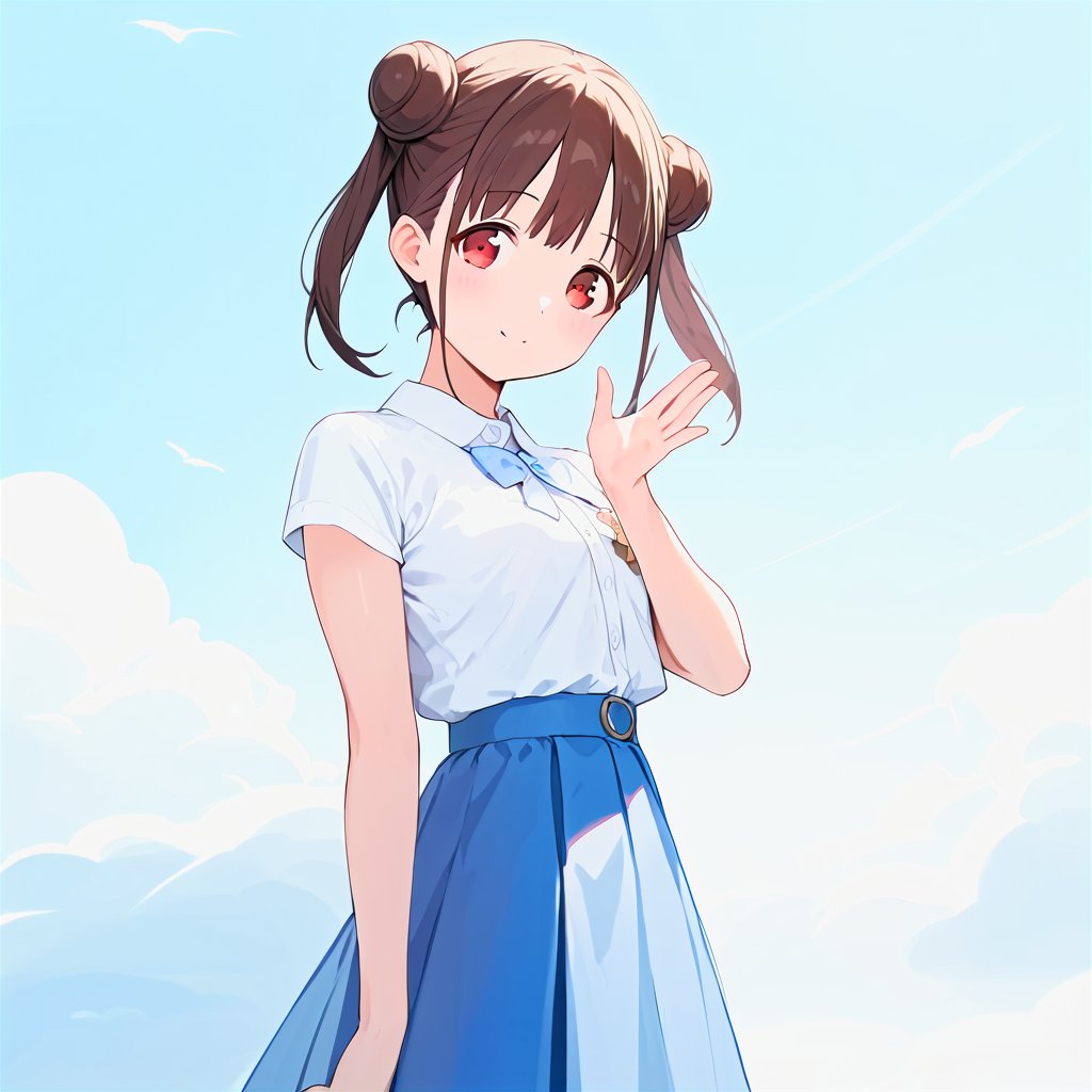 score_9,score_8_up,score_7_up,1girl, solo, 
Sonoda Chiyoko, double bun, red eyes, brown hair, short twintails, 
white_shirt, blue_skirt, masterpiece, best quality, source_anime, score_6_up,