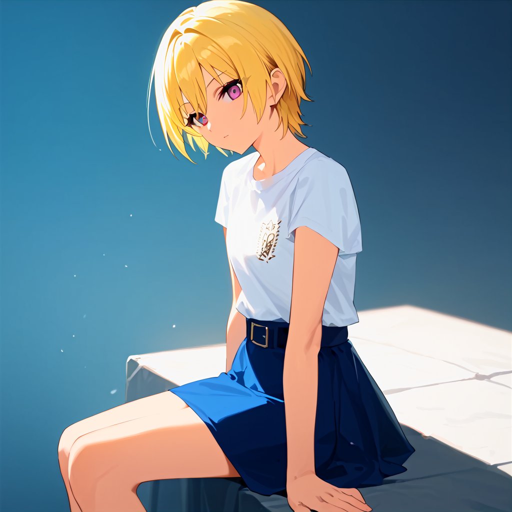 score_9,score_8_up,score_7_up,1girl, solo, 
Saijo Juri, short hair, blonde hair, purple eyes, tsurime,
white_shirt, blue_skirt, masterpiece, best quality, source_anime, score_6_up,