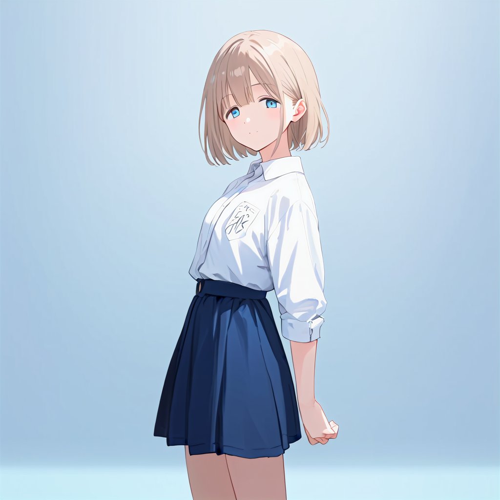 score_9,score_8_up,score_7_up,1girl, solo, 
Serizawa Asahi,short light brown or grey bob cut and blue eyes.,
white_shirt, blue_skirt, masterpiece, best quality, source_anime, score_6_up,