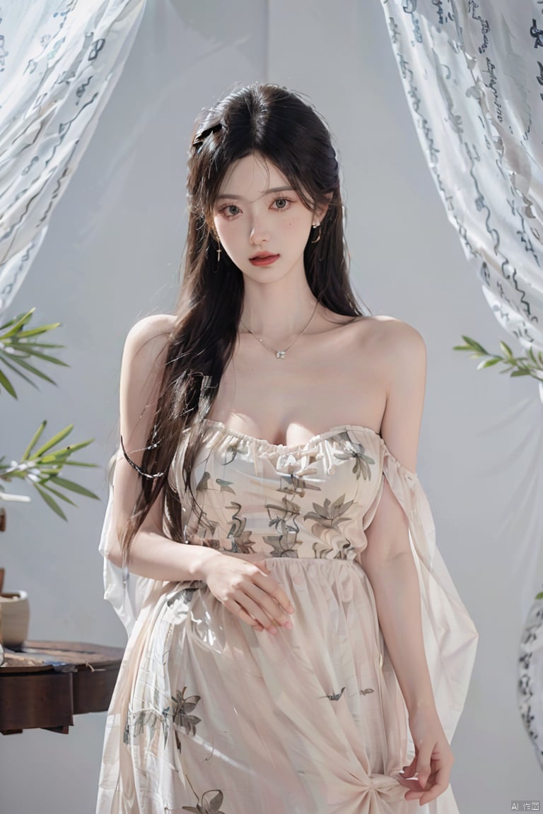 (best quality,masterpiece,8k,RAW photo:1.2), 1girl, solo, long hair, breasts, looking at viewer, brown hair, dress, cleavage, brown eyes, jewelry, medium breasts, standing, earrings, indoors, necklace, white dress, window, floral print, realistic, skirt hold