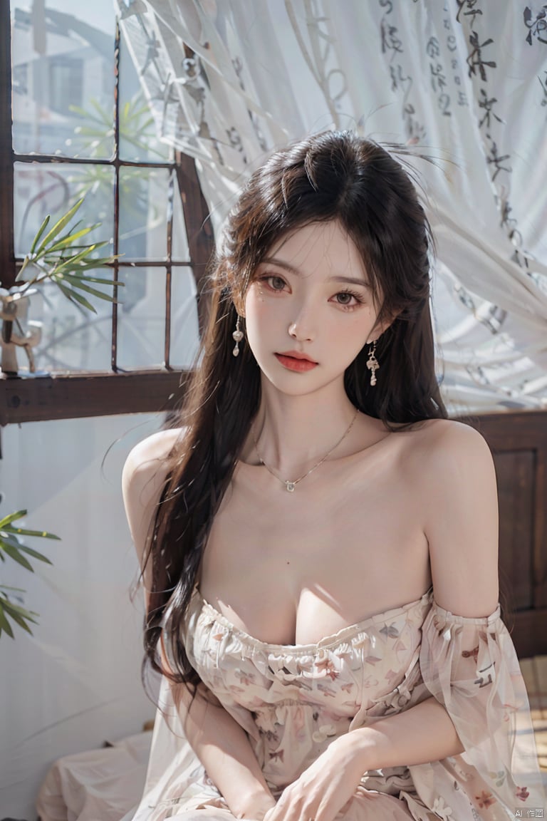 (best quality,masterpiece,8k,RAW photo:1.2), 1girl, solo, long hair, breasts, looking at viewer, brown hair, dress, cleavage, brown eyes, jewelry, medium breasts, standing, earrings, indoors, necklace, white dress, window, floral print, realistic, skirt hold