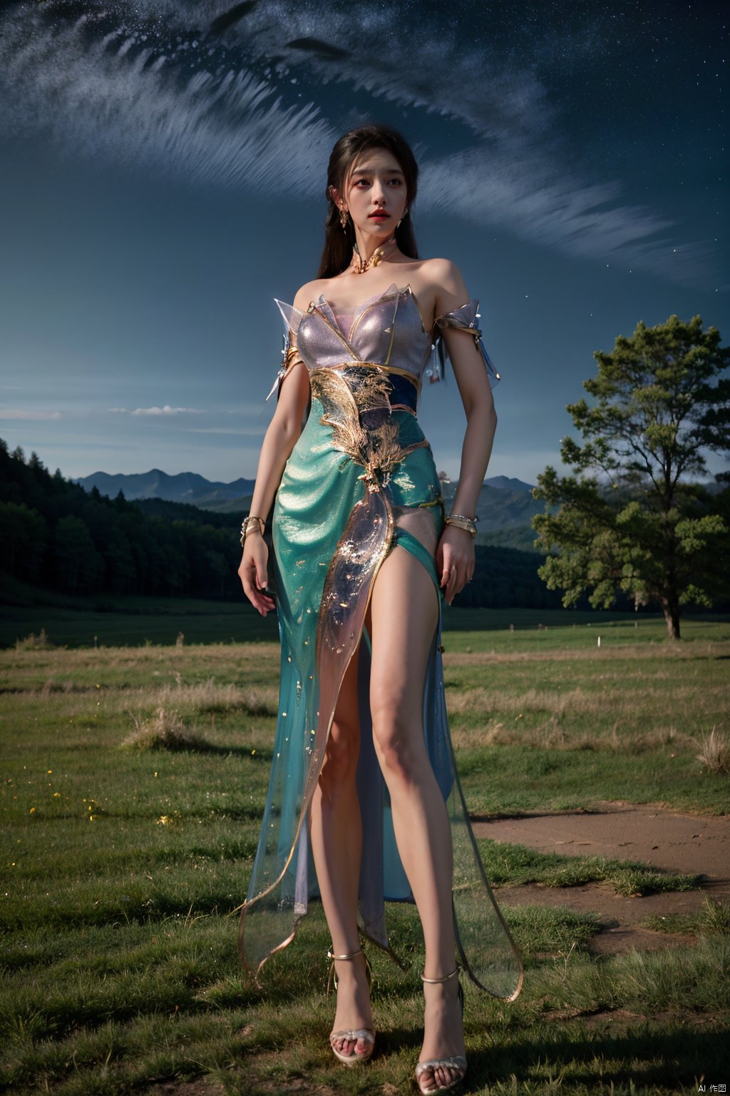 DQ,star \(sky\),scenery,sky,outdoors,night,starry sky,grass,night sky,tree,shooting star,cloud,nature,milky way,
1girl,solo,long hair,white hair,high heels,dress,jewelry,hair ornament,looking at viewer,breasts,flower,green dress,bracelet,bangs,blue eyes,multicolored hair,anklet,
bare shoulders,earrings,bare legs,, (raw photo:1.2),((photorealistic:1.4))best quality,masterpiece,illustration,an extremely delicate and beautiful,extremely detailed,CG,unity,8k wallpaper,Amazing,finely detail,masterpiece,best quality,official art,extremely detailed CG unity 8k wallpaper,absurdres,incredibly absurdres,huge filesize,ultra-detailed,highres,extremely detailed,beautiful detailed girl,cinematic lighting,1girl,pale skin,tall female,(perfect body shape),skinny body,Slender legs,, pale skin,tall man,long legs,thin leg,Xchulingyu,Xyuzimo,Xchengling,Xlujiejie