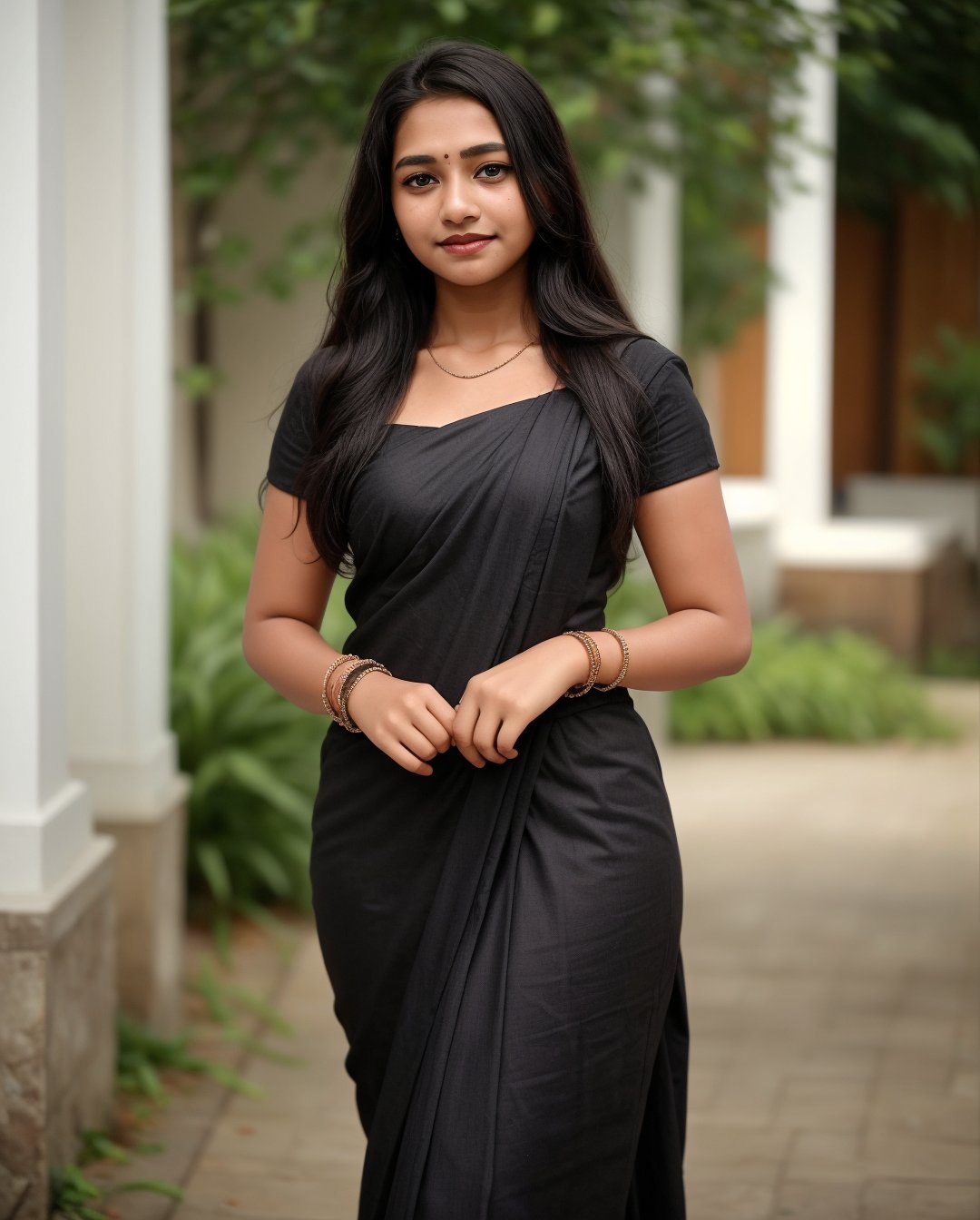 1girl, solo, long hair, looking at viewer, smile, black hair, dress, jewelry, standing, necklace, blurry, Red dress, bracelet, realistic, 15 years old, dark skin , dim light, drak atmosphere, low light ,16 years old girl , saree 