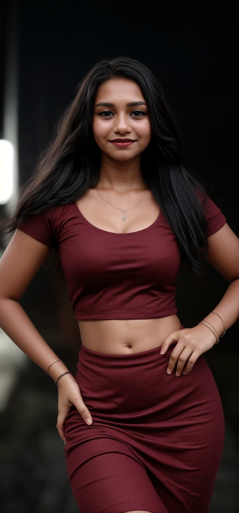 1girl, solo, long hair, looking at viewer, smile, black hair, dress, jewelry, standing, necklace, blurry, Red dress, bracelet, realistic, 15 years old, dark skin , dim light, drak atmosphere, low light ,16 years old girl , Midriff 