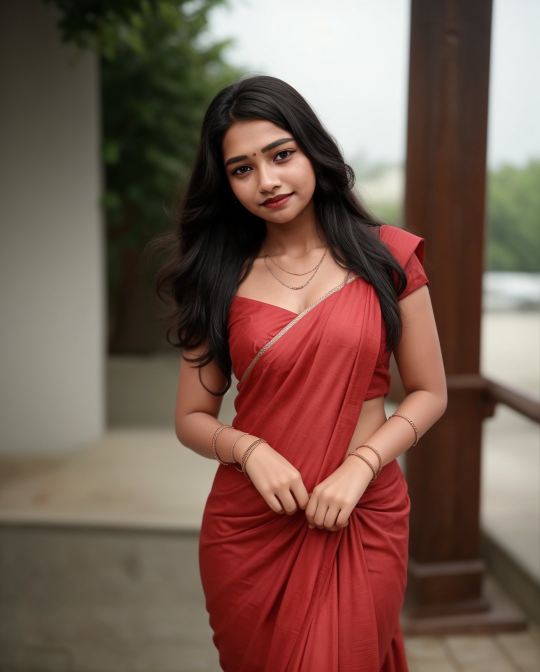 1girl, solo, long hair, looking at viewer, smile, black hair, dress, jewelry, standing, necklace, blurry, Red dress, bracelet, realistic, 15 years old, dark skin , dim light, drak atmosphere, low light ,16 years old girl , saree 