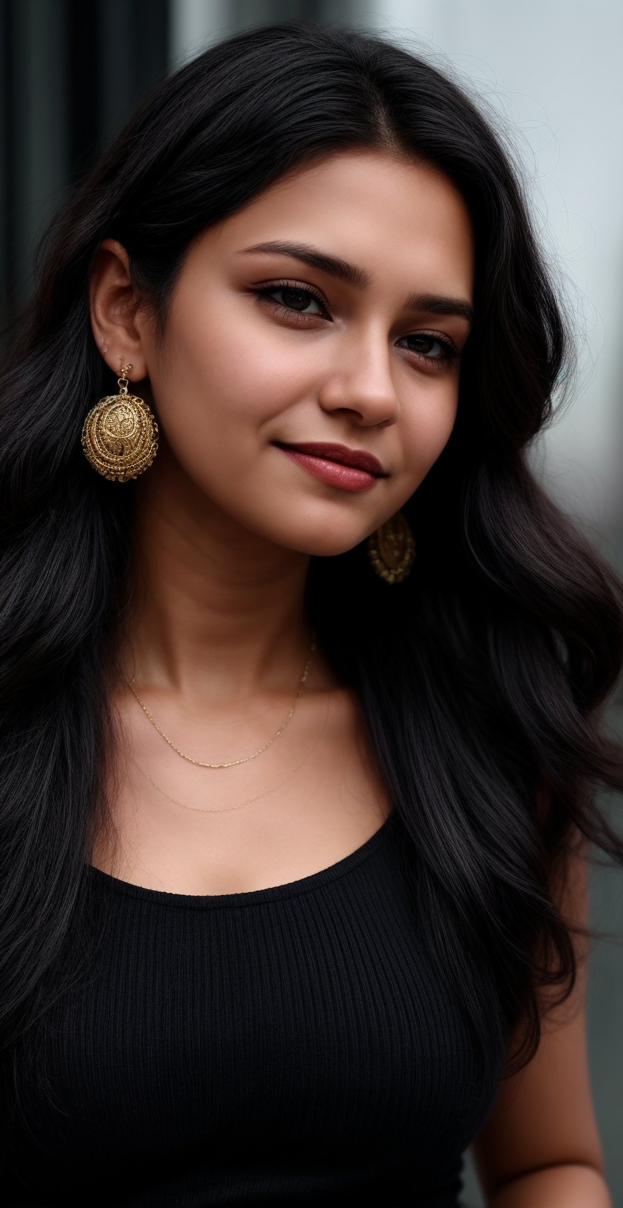 1girl, solo, long hair, looking at viewer, smile, black hair, dress, jewelry, earrings, bracelet, realistic, (RAW photo, best quality), (realistic, photo-Realistic:1.1), best quality, masterpiece, beautiful and aesthetic, 16K, (HDR:1.2), high contrast, (vibrant color:1.3), (muted colors, dim colors, soothing tones:0), cinematic lighting, ambient lighting, sidelighting, Exquisite details and textures, cinematic shot, Warm tone, (Bright and intense:1.1), wide shot, by xm887, ultra realistic,	long Wave hair,  movie poster, golden ratio