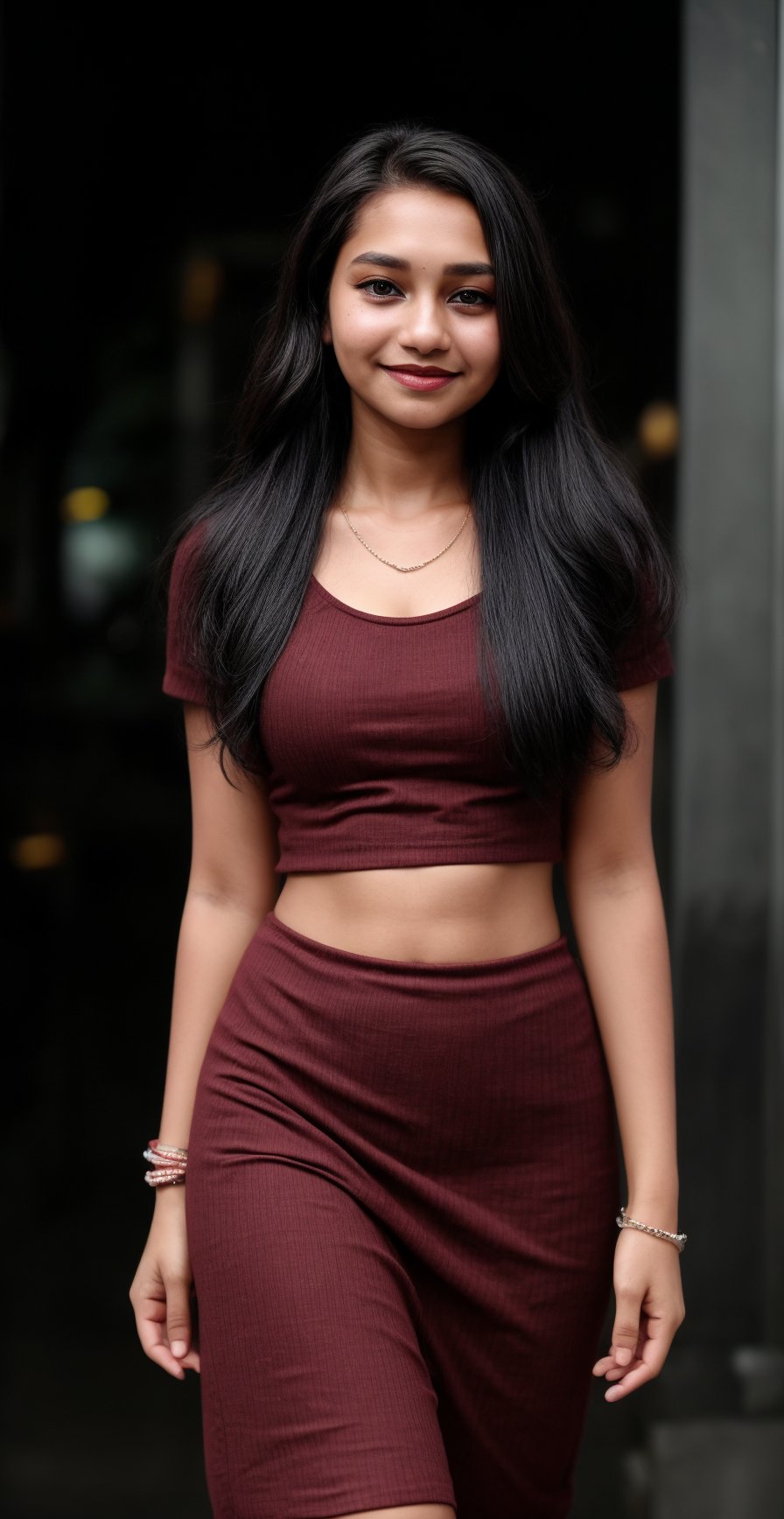 1girl, solo, long hair, looking at viewer, smile, black hair, dress, jewelry, standing, necklace, blurry, Red dress, bracelet, realistic, 15 years old, dark skin , dim light, drak atmosphere, low light ,16 years old girl , Midriff 