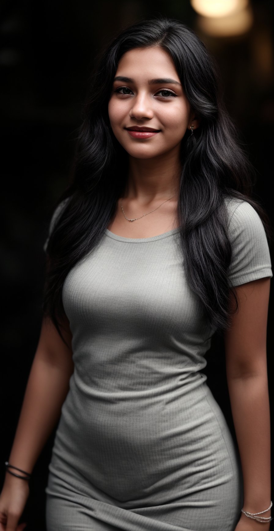 15 years old girl, slim,1girl, solo, long hair, looking at viewer, smile, black hair, dress, jewelry, earrings, bracelet, realistic, (RAW photo, best quality), (realistic, photo-Realistic:1.1), best quality,beautiful and aesthetic, 16K, (HDR:1.2), high contrast, (vibrant color:1.3), (muted colors, dim colors, soothing tones:1), cinematic lighting, ambient lighting, , Exquisite details and textures, cinematic shot,  ultra realistic,	long Wave hair