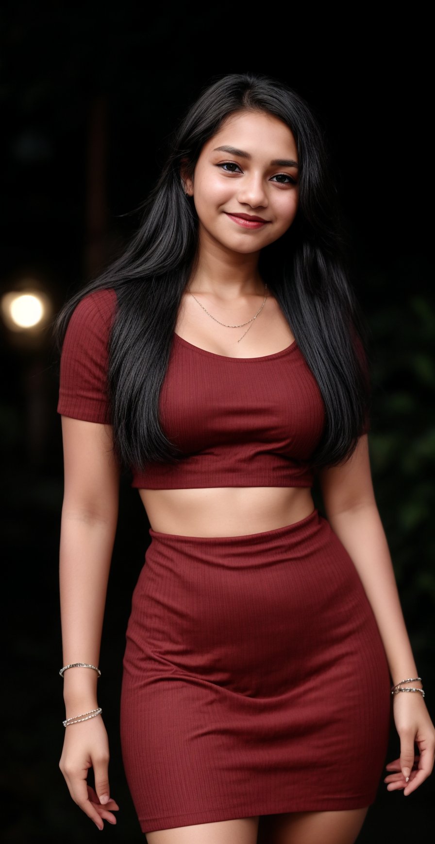 1girl, solo, long hair, looking at viewer, smile, black hair, dress, jewelry, standing, necklace, blurry, Red dress, bracelet, realistic, 15 years old, dark skin , dim light, drak atmosphere, low light ,16 years old girl , Midriff 