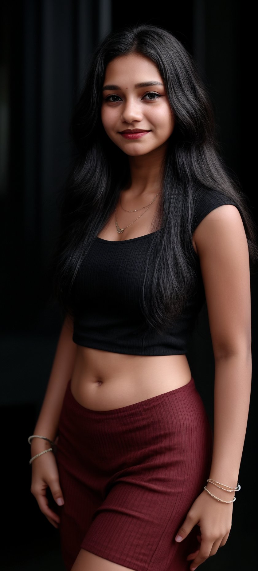 1girl, solo, long hair, looking at viewer, smile, black hair, dress, jewelry, standing, necklace, blurry, Red dress, bracelet, realistic, 15 years old, dark skin , dim light, drak atmosphere, low light ,16 years old girl , Midriff 