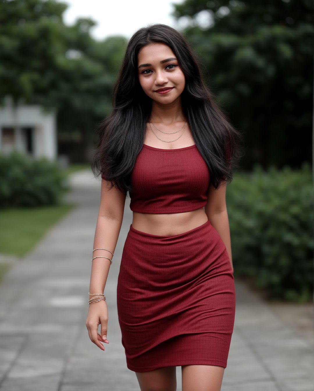 1girl, solo, long hair, looking at viewer, smile, black hair, dress, jewelry, standing, necklace, blurry, Red dress, bracelet, realistic, 15 years old, dark skin , dim light, drak atmosphere, low light ,16 years old girl , Midriff 