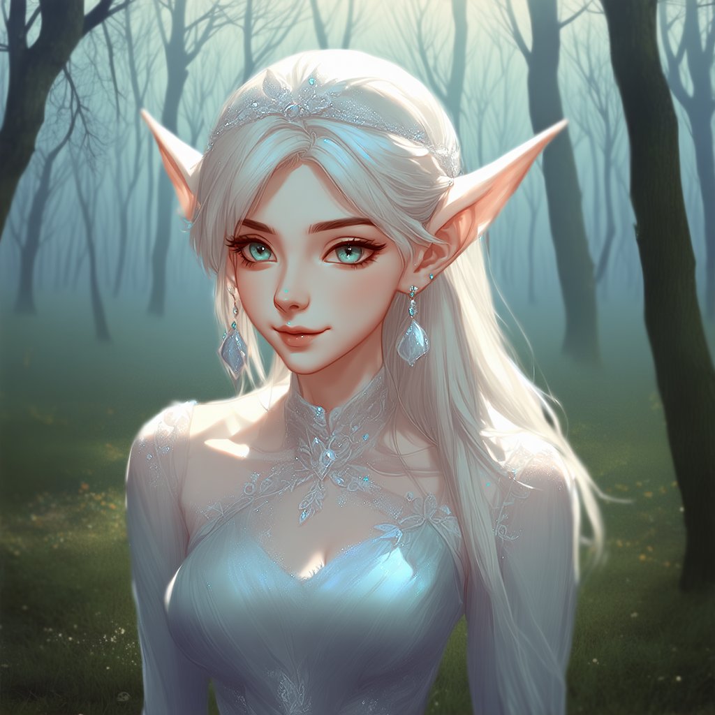 Elf Girl: A whimsical portrait of a petite, pointy-eared elven maiden, posing in front of a misty forest backdrop with a subtle gradient of blues and greens. Soft, warm lighting highlights her delicate features, including bright green eyes and a mischievous grin. She wears a flowing silver gown with intricate embroidery, adorned with tiny gemstones that sparkle in the fading light.