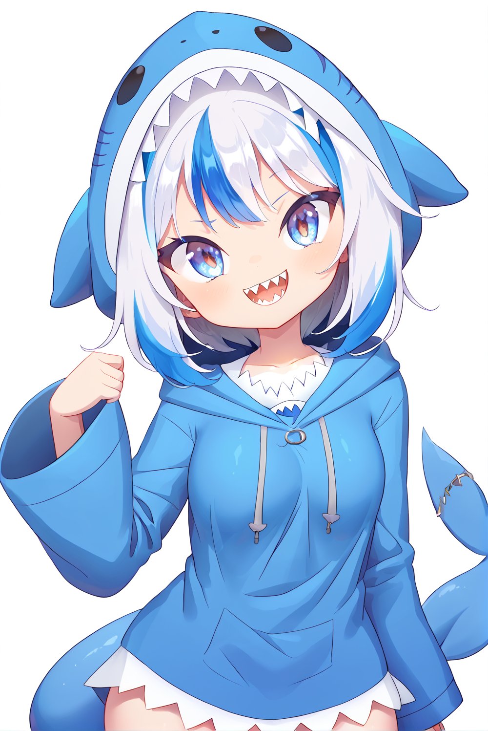 score_9_up, score_8_up, score_7_up, source_anime, 1girl, beautiful detailed eyes, ((masterpiece,best quality)), solo, ((gawr gura)), virtual youtuber, gawr gura 1st costume, sharp teeths, medium hair, white hair, hair ornament,  ((hood up)), blue hoodie, shark tail, smile, curvy, head tilt