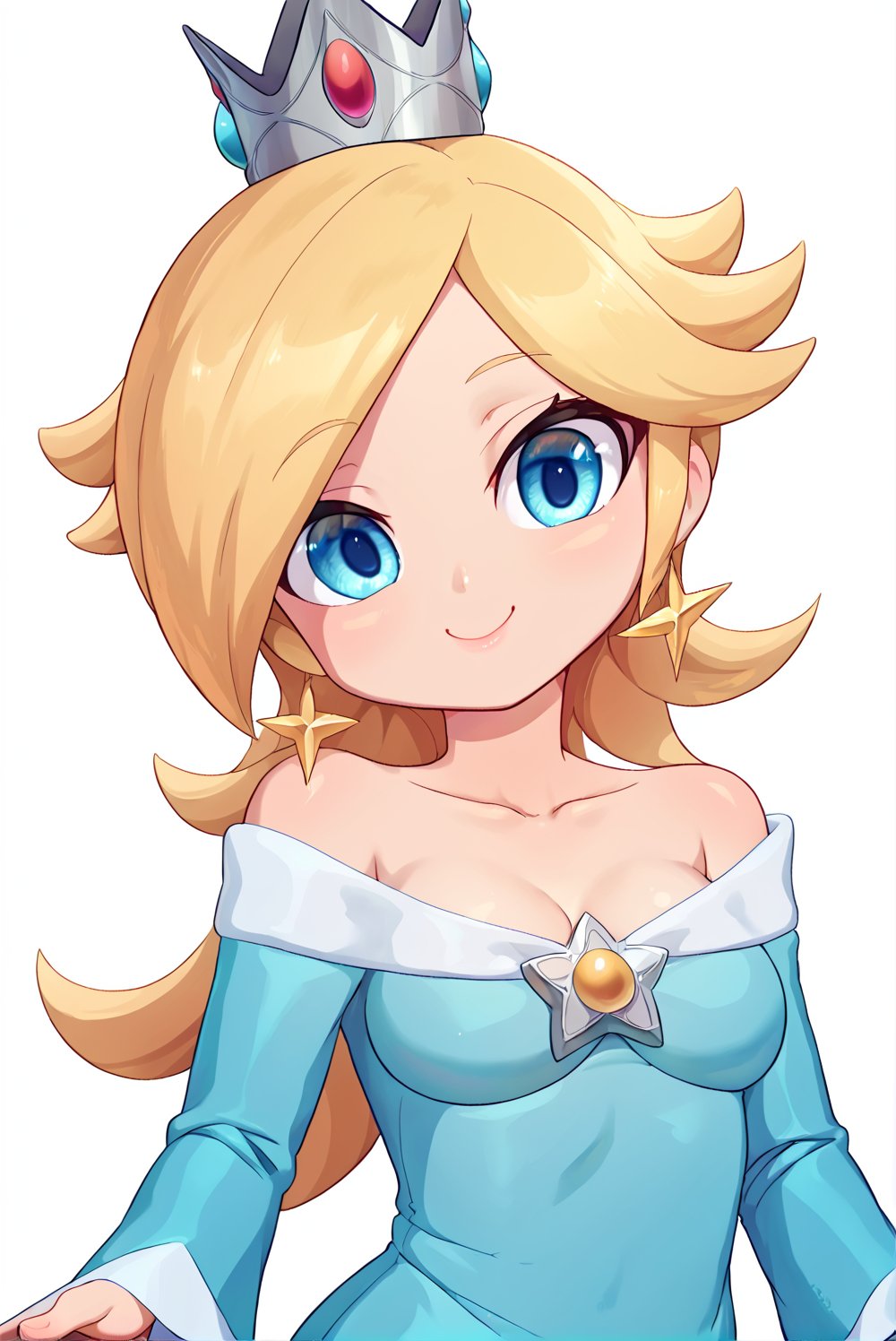 score_9_up, score_8_up, score_7_up, source_anime, 1girl, beautiful detailed eyes, ((masterpiece,best quality)), absurdres, solo, princess rosalina, short hair, blonde hair,  silver crown, blue eyes, long sleeves, smile, curvy, head tilt