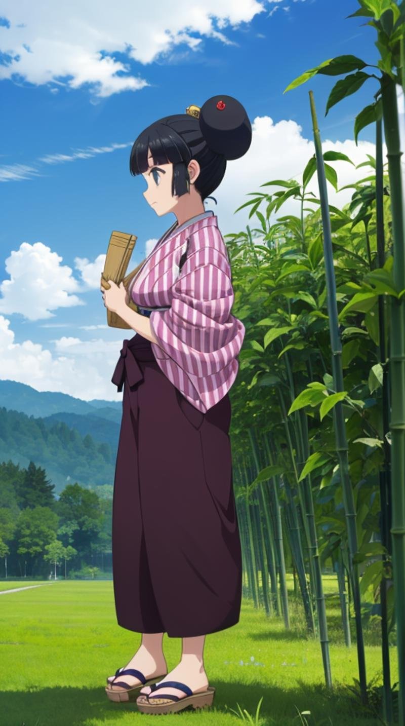 (masterpiece, best quality),ray tracing,absurdres, HDR,robot, 1girl, solo, black hair, japanese clothes, outdoors, tasuki, yagasuri, basket, sandals, single hair bun, day, kimono, hair bun, bamboo, sky, tomato, cloud, nature, hakama, standing,  full body, hair ornament,blue eyes <lora:robot:0.7>