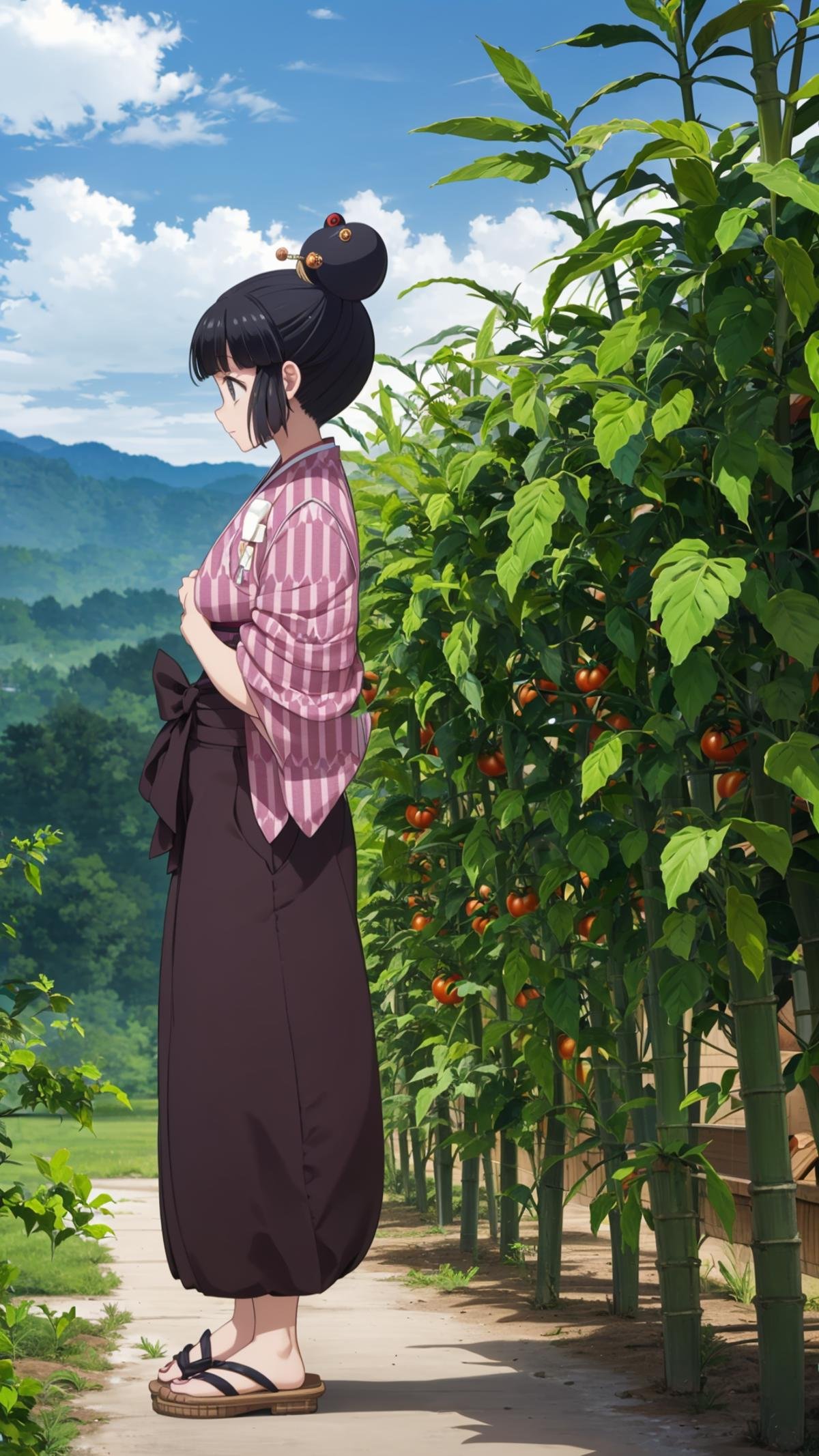 (masterpiece, best quality),ray tracing,absurdres, HDR,robot, 1girl, solo, black hair, japanese clothes, outdoors, tasuki, yagasuri, basket, sandals, single hair bun, day, kimono, hair bun, bamboo, sky, tomato, cloud, nature, hakama, standing, profile, from side, full body, hair ornament<lora:robot:0.8>