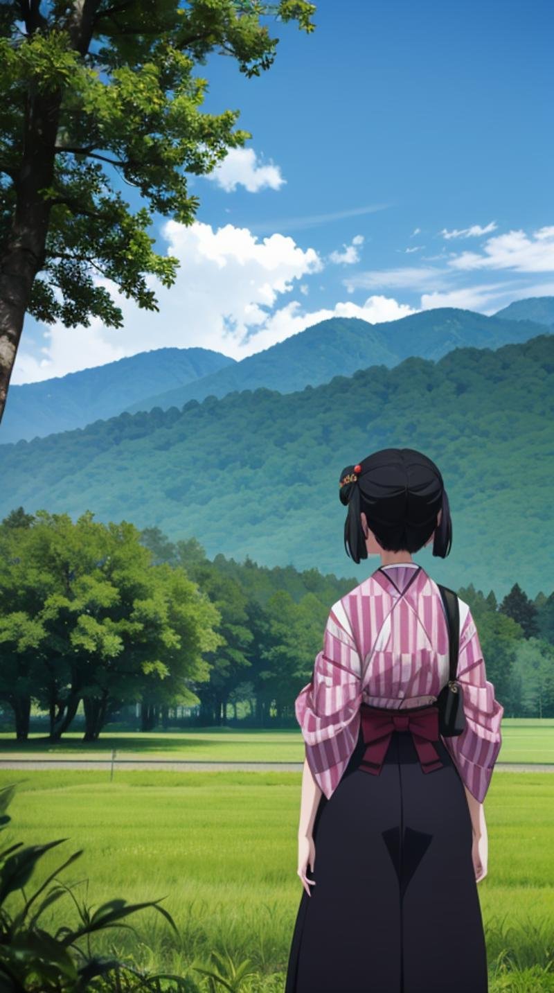 (masterpiece, best quality),ray tracing,absurdres, HDR,robot, 1girl, solo, outdoors, japanese clothes, black hair, from behind, day, grass, sky, kimono, nature, cloud, standing, short hair, hair ornament, hakama, blue sky, mountain, hakama skirt, tree, skirt, facing away, <lora:robot:0.7>