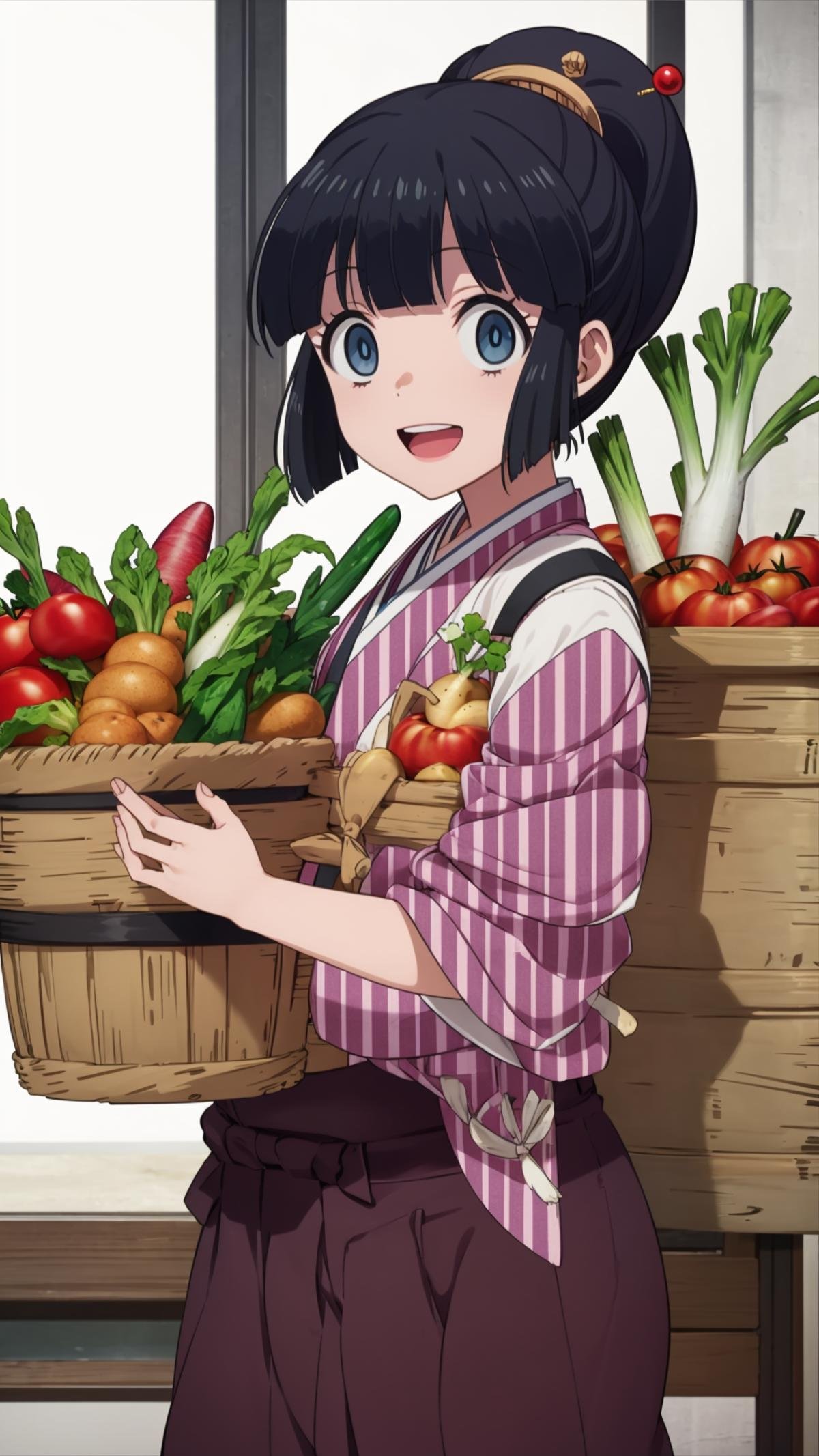 (masterpiece, best quality),ray tracing,absurdres, HDR,robot, yagasuri, 1girl, eggplant, solo, japanese clothes, black hair, carrot, cucumber, kimono, vegetable, purple hakama, open mouth, basket, blue eyes, tomato, hair ornament, hakama skirt, radish, hakama, short hair, smile, food, looking at viewer, transparent background, tasuki, spring onion, skirt, bangs, hair stick, :d, empty eyes<lora:robot:0.8>