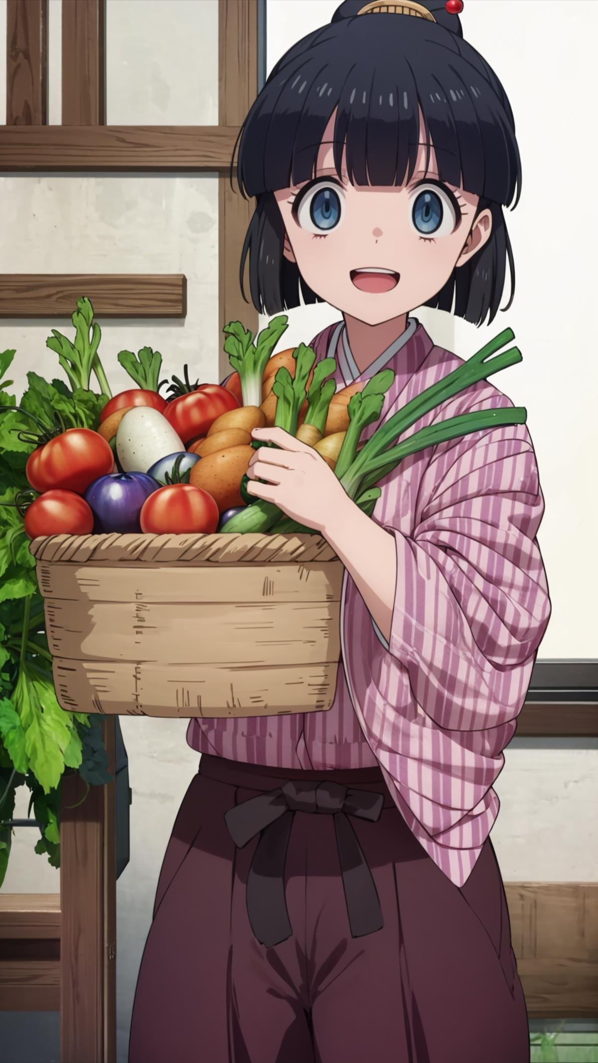 (masterpiece, best quality),ray tracing,absurdres, HDR,robot, yagasuri, 1girl, eggplant, solo, japanese clothes, black hair, carrot, cucumber, kimono, vegetable, purple hakama, open mouth, basket, blue eyes, tomato, hair ornament, hakama skirt, radish, hakama, short hair, smile, food, looking at viewer, transparent background, tasuki, spring onion, skirt, bangs, hair stick, :d, empty eyes<lora:robot:0.8>