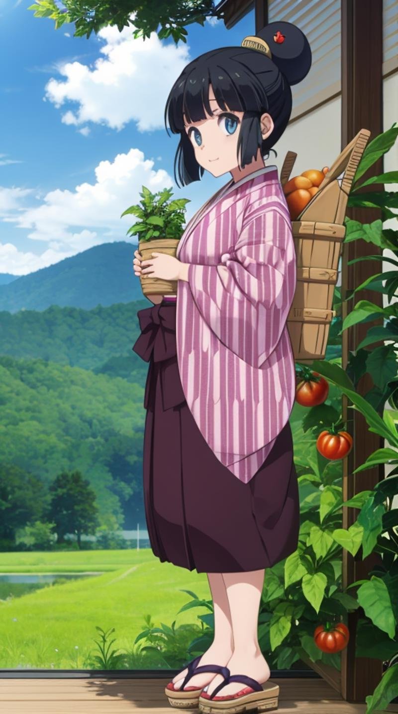 (masterpiece, best quality),ray tracing,absurdres, HDR,robot, 1girl, solo, black hair, japanese clothes, outdoors, tasuki, yagasuri, basket, sandals, single hair bun, day, kimono, hair bun, bamboo, sky, tomato, cloud, nature, hakama, standing,  full body, hair ornament,blue eyes ,looking at viewer,<lora:robot:0.7>