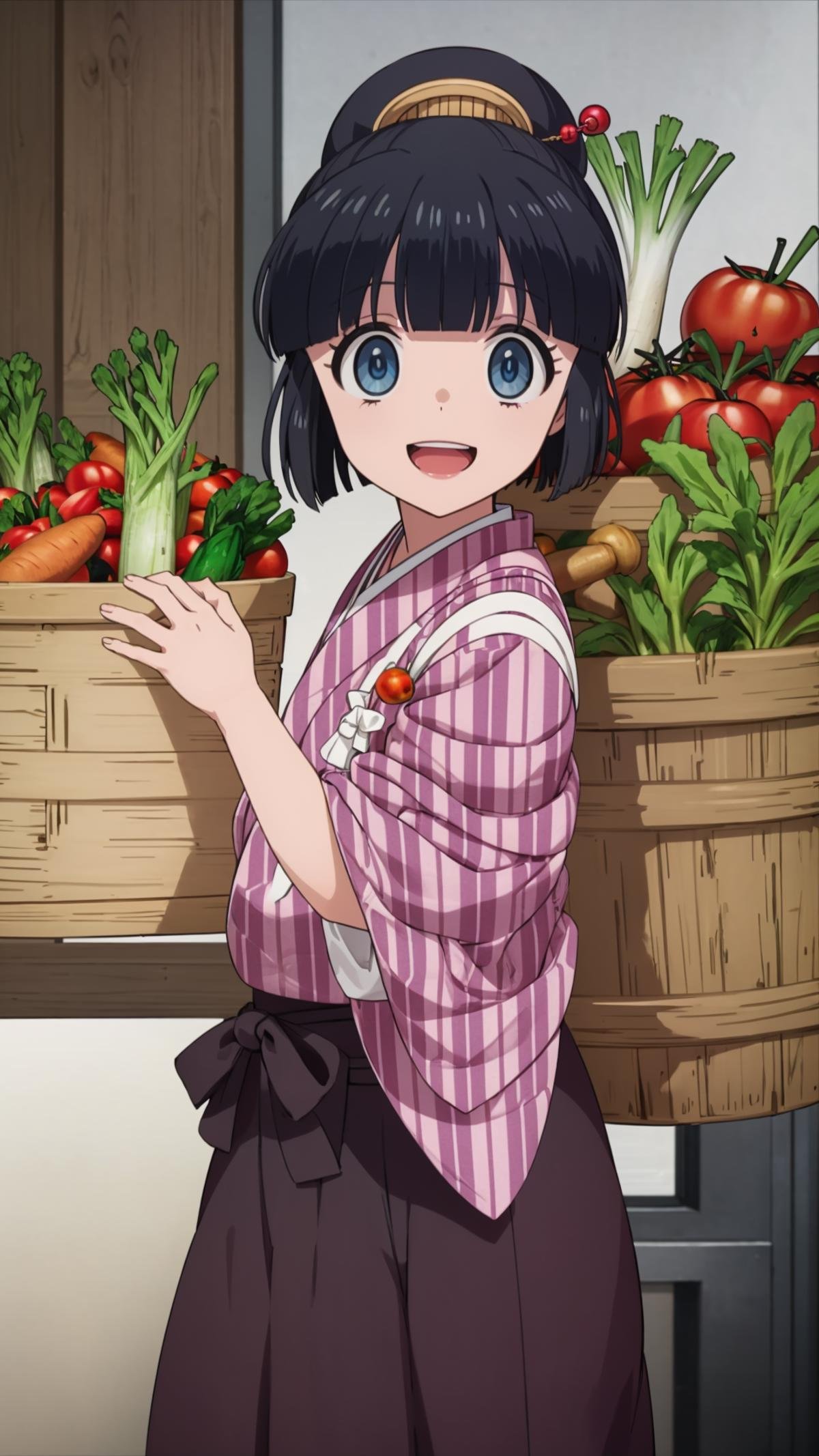 (masterpiece, best quality),ray tracing,absurdres, HDR,robot, yagasuri, 1girl, eggplant, solo, japanese clothes, black hair, carrot, cucumber, kimono, vegetable, purple hakama, open mouth, basket, blue eyes, tomato, hair ornament, hakama skirt, radish, hakama, short hair, smile, food, looking at viewer, transparent background, tasuki, spring onion, skirt, bangs, hair stick, :d, empty eyes<lora:robot:0.8>