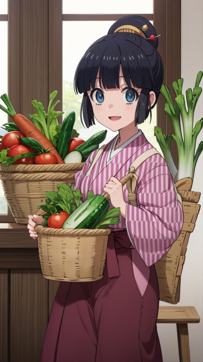 (masterpiece, best quality),ray tracing,absurdres, HDR,robot, yagasuri, 1girl, eggplant, solo, japanese clothes, black hair, carrot, cucumber, kimono, vegetable, purple hakama, closed mouth, basket, blue eyes, tomato, hair ornament, hakama skirt, radish, hakama, short hair, smile, food, looking at viewer, transparent background, tasuki, spring onion, skirt, bangs, hair stick, :d, <lora:robot:0.7>