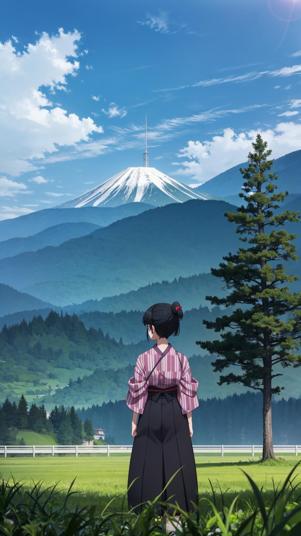 (masterpiece, best quality),ray tracing,absurdres, HDR,robot, 1girl, solo, outdoors, japanese clothes, black hair, from behind, day, grass, sky, kimono, nature, cloud, standing, short hair, hair ornament, hakama, blue sky, mountain, hakama skirt, tree, skirt, facing away, <lora:robot:0.7>