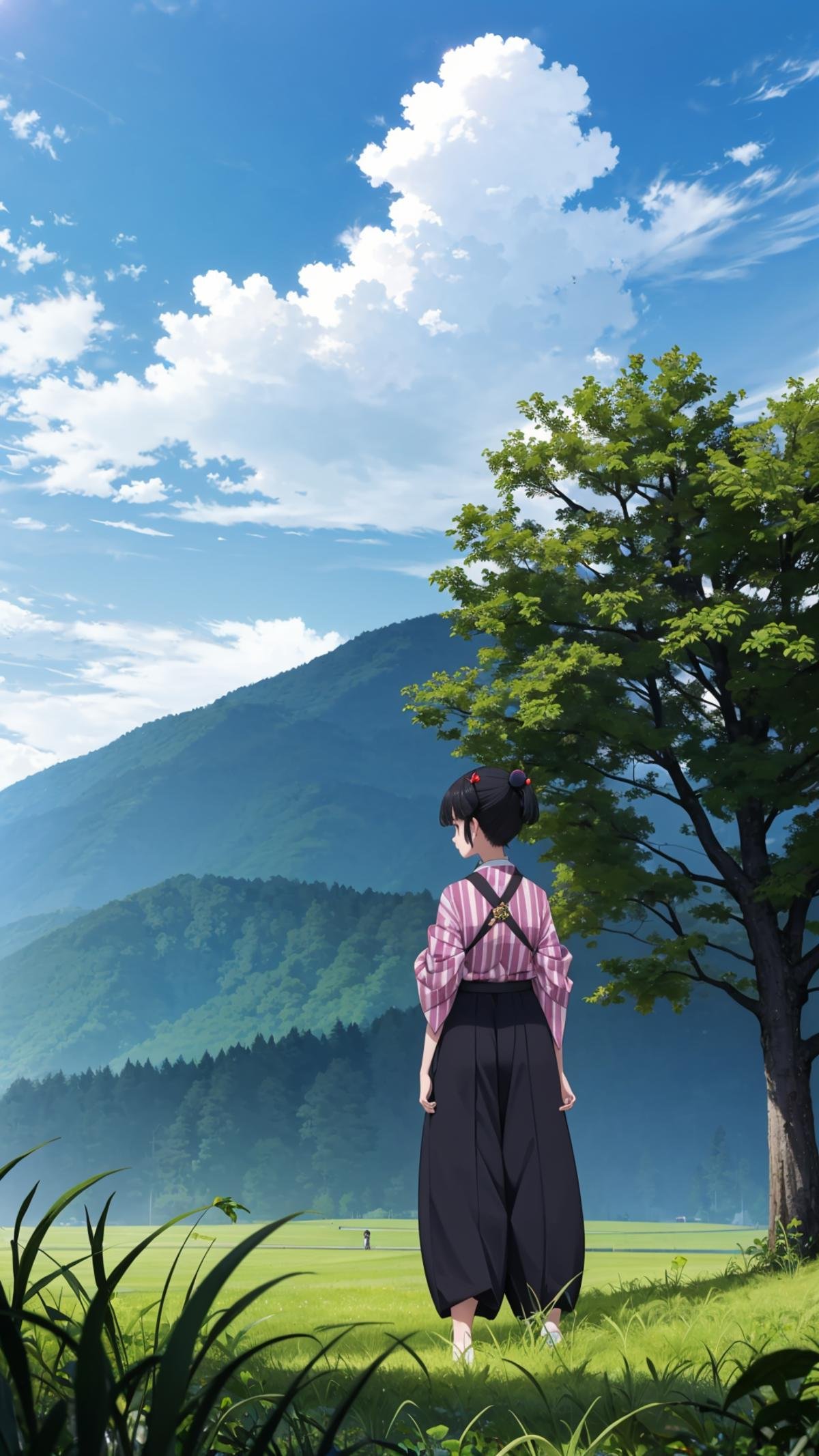 (masterpiece, best quality),ray tracing,absurdres, HDR,robot, 1girl, solo, outdoors, japanese clothes, black hair, from behind, day, grass, sky, kimono, nature, cloud, standing, short hair, hair ornament, hakama, blue sky, mountain, hakama skirt, tree, skirt, facing away, <lora:robot:0.7>