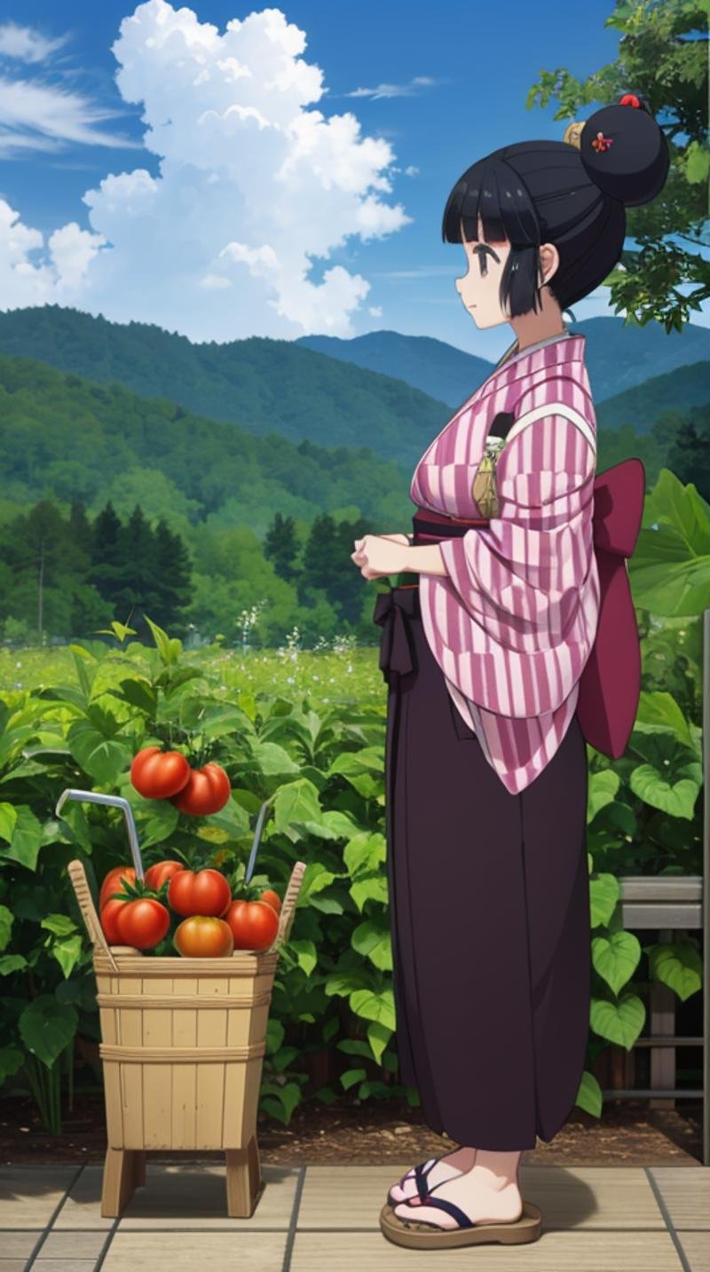 (masterpiece, best quality),ray tracing,absurdres, HDR,robot, 1girl, solo, black hair, japanese clothes, outdoors, tasuki, yagasuri, basket, sandals, single hair bun, day, kimono, hair bun, bamboo, sky, tomato, cloud, nature, hakama, standing, profile, from side, full body, hair ornament <lora:robot:0.7>